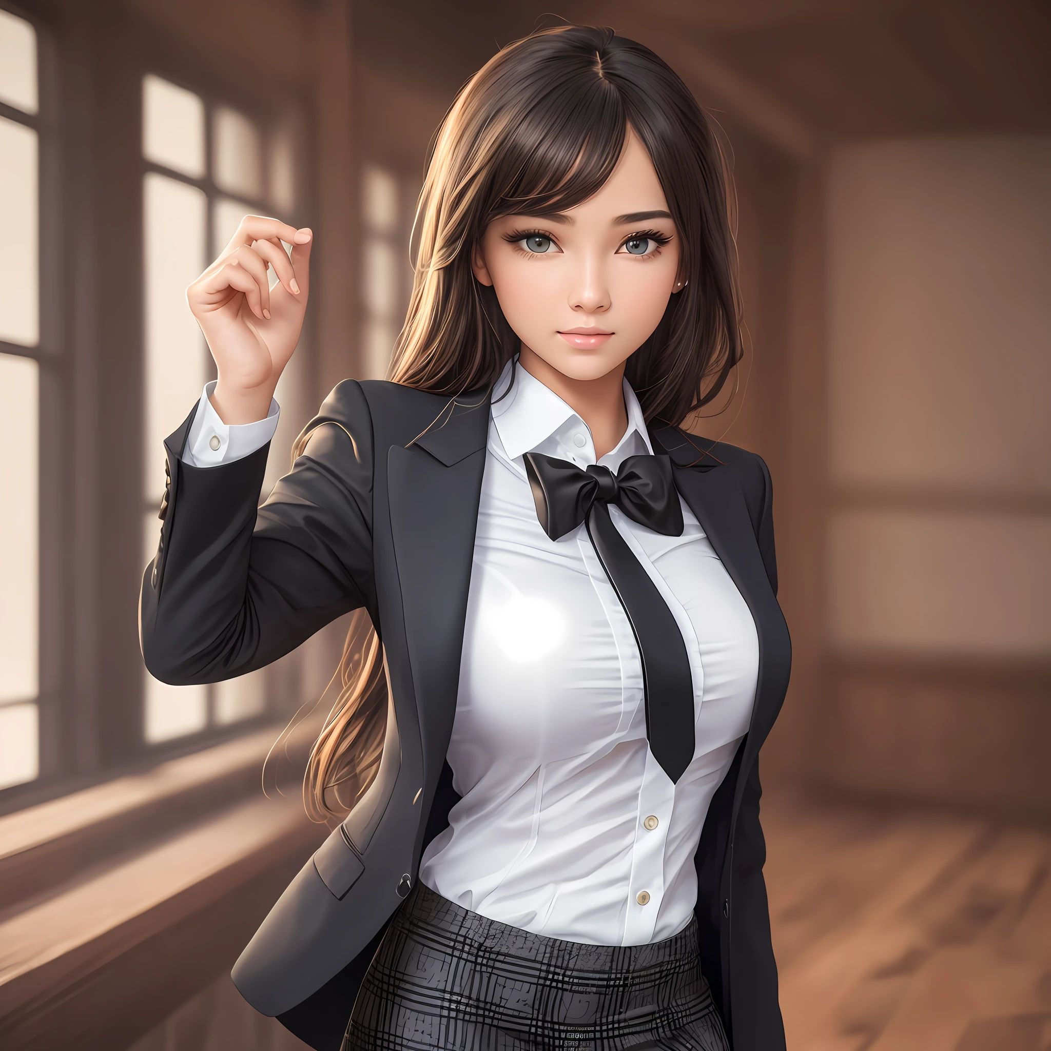 best quality, masterpiece, 1girl, Beautiful face, (photo realistic:1.3), rim lighting, (high detailed skin:1.2), 8k uhd, dslr, high quality, high resolution, 4k, 8k, Bokeh, absurdres, best ratio four finger and one thumb, (realistic:1.3), cute 1girl, wearing black formal blazer, medium breasts, short skirt, --auto --s2