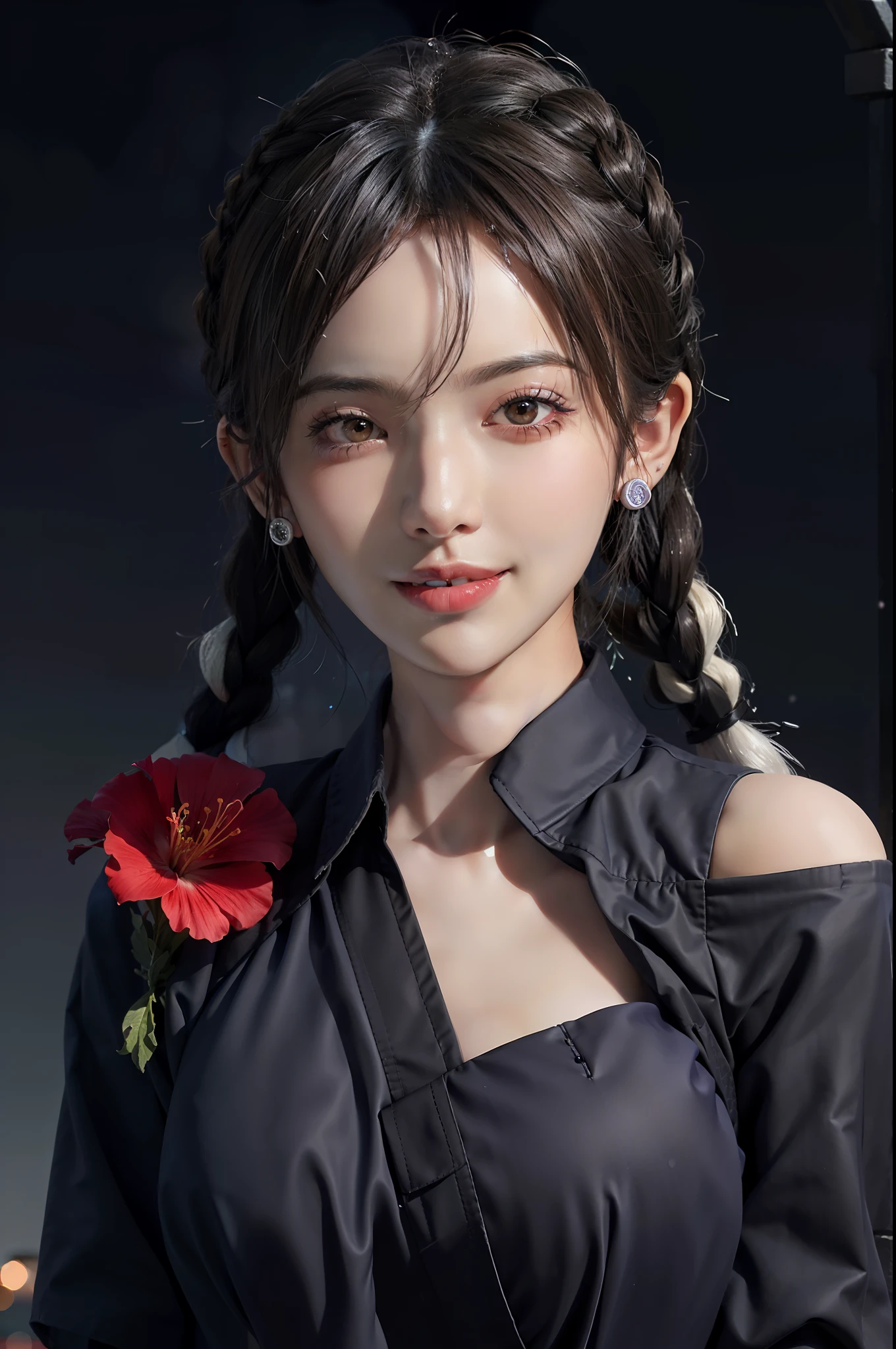 1girl,hibiscus Moon with water drops,neon glow, random background, sun rise, bokha mood,Tyndall,,naughty face, white hair,rolling_eyes,ahegao, open mouth, evil smile, srtong wind,twin_braids, earrings, jewelry, animal,