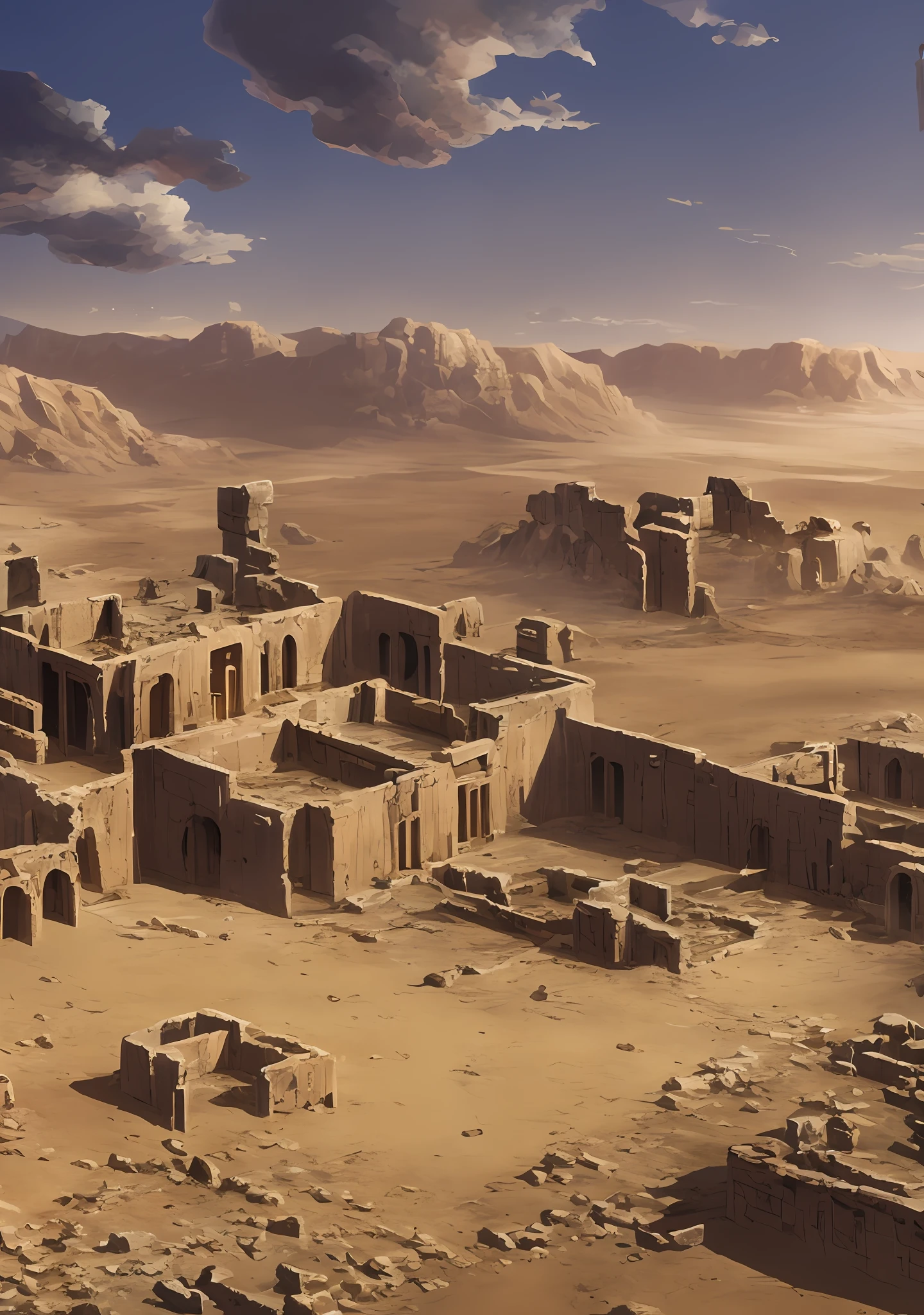 A grand, ancient city in ruins in the desert seen from the top of a mountain, realistic, ((ultra detailed)), base model render civitiae (AbsoluteReality) 8k, rtx,  --upscale --auto --s2