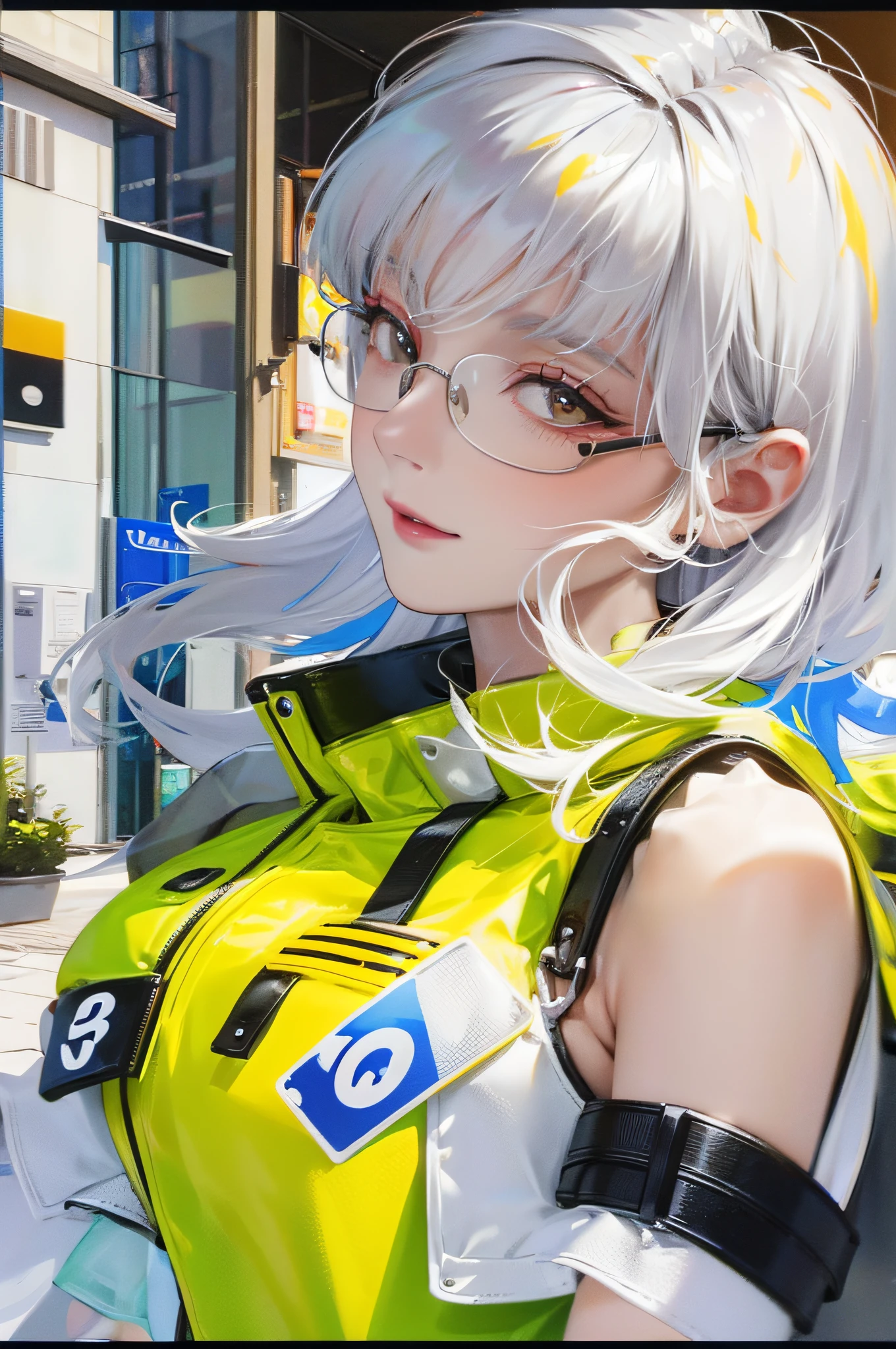 glasses, from_above, crop top, detailed face, yellow vest with white hair, snow white skin, 1 girl, personality sunglasses, woman, bright colors, city street, emphasized subject, dramatic color, raindrops, big tits, 8k, best picture enhancement, picture quality, high dynamic lighting rendering image, dynamic contrast, HD excellent definition, HD picture quality, ultra HD, 4K, color gamut, high fidelity, high resolution perfect, high precision pure, meticulous