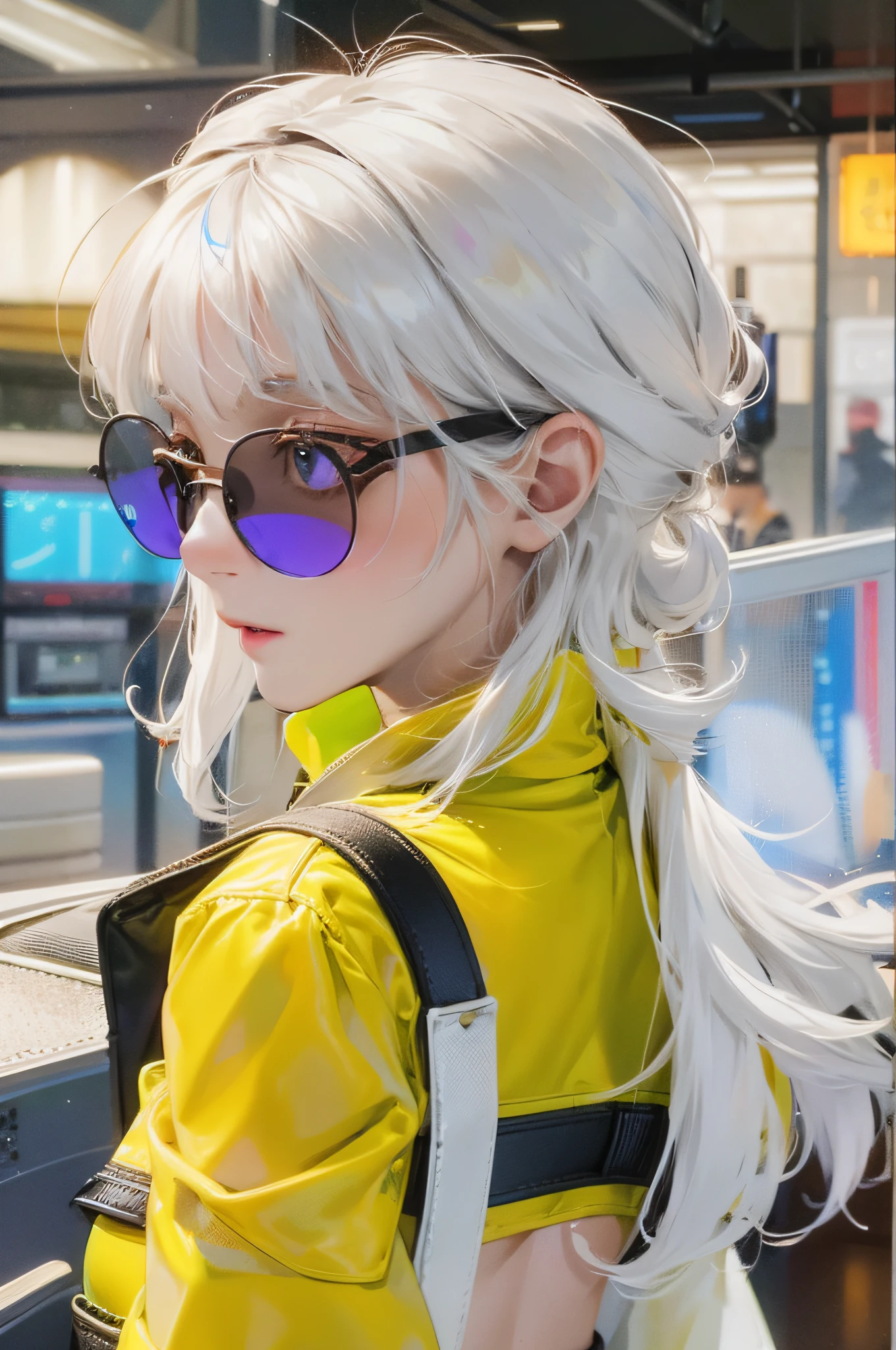 glasses, from_above, crop top, detailed face, yellow vest with white hair, snow white skin, 1 girl, personality sunglasses, woman, bright colors, city street, emphasized subject, dramatic color, raindrops, big tits, 8k, best picture enhancement, picture quality, high dynamic lighting rendering image, dynamic contrast, HD excellent definition, HD picture quality, ultra HD, 4K, color gamut, high fidelity, high resolution perfect, high precision pure, meticulous