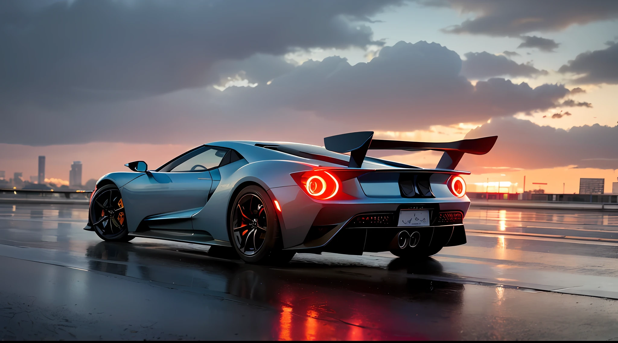 sensual girl on the starting track next to the Ford GT Race, racing pitsa,(best quality, masterpiece: 1.2), photorealistic, (ambient light: 1.3), (cinematic composition: 1.2), 8k, hdr, ultra high res, exquisite details and textures, sports car, supercar, rear lights, sunset, street view, skyscrapers, skylines, cyberpunk, neon lights, clouds, rain, wet floor, reflection, dusty air, light particles, light ray, detailed background, depth of field, professional lighting, photon mapping, radiosity, physics-based rendering