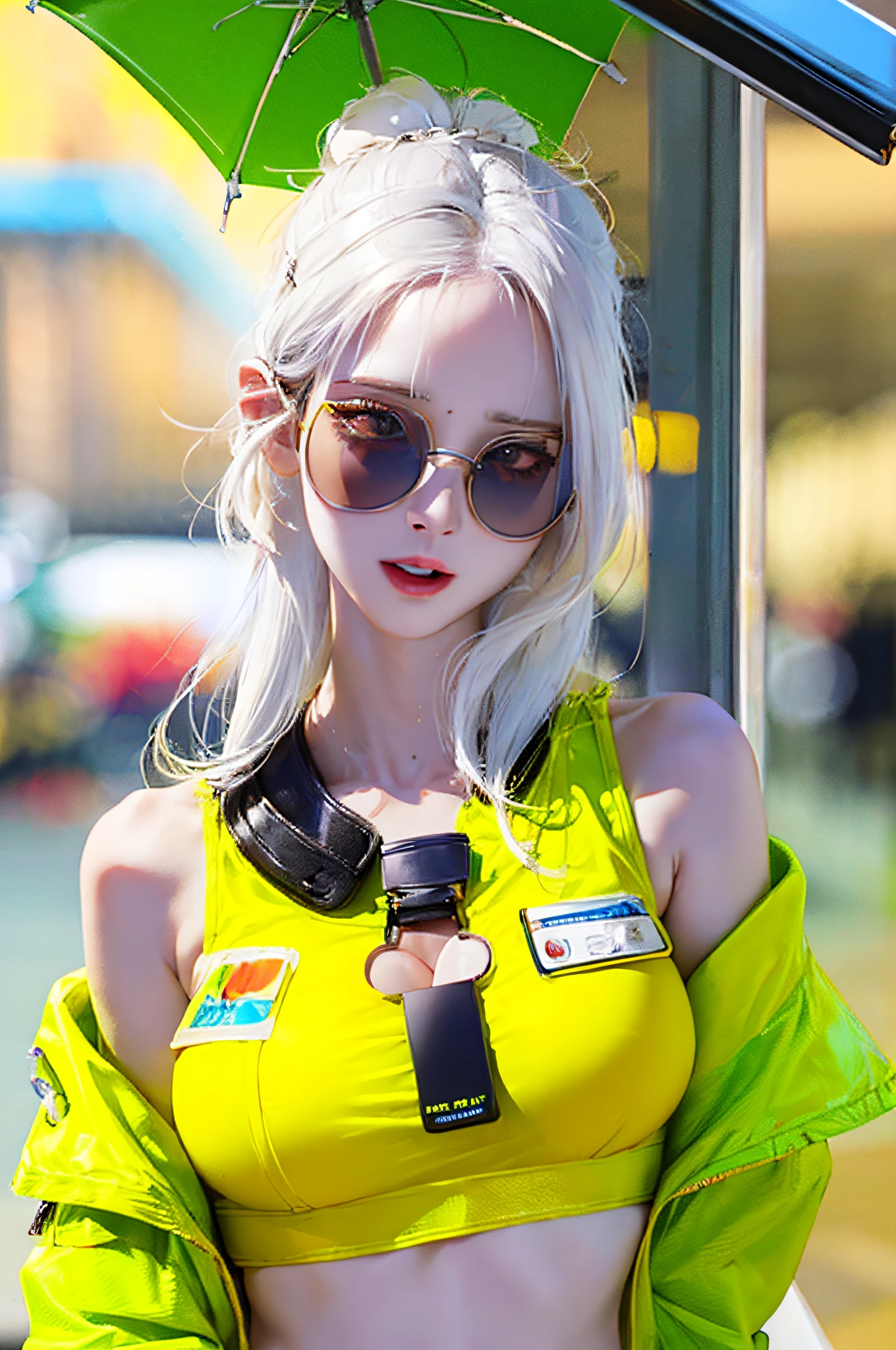 Glasses, from_above, crop top of the navel top, detailed face, yellow vest with white hair, snow white skin, 1 girl, personality sunglasses, woman, bright colors, bokeh background, stressed subject, dramatic colors, raindrops, big breasts, 8k, best picture quality