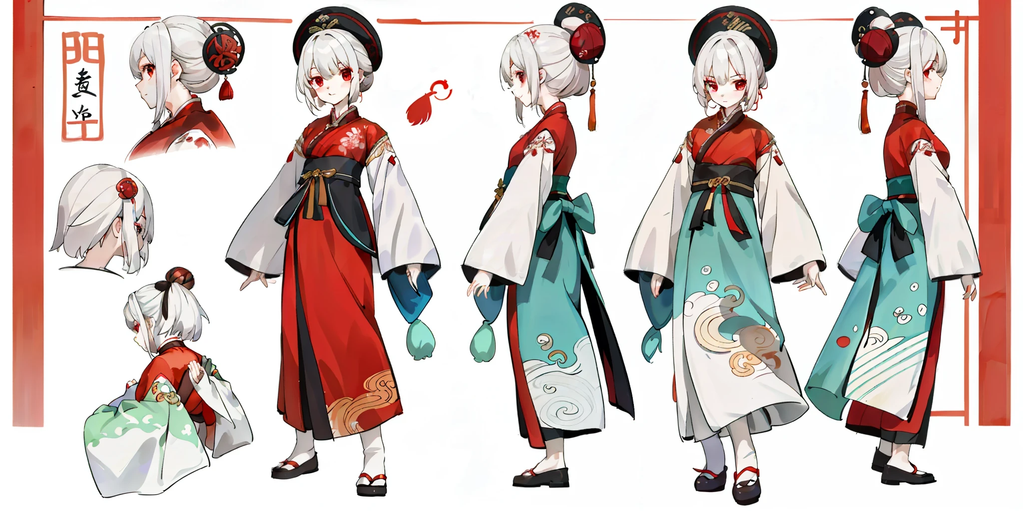 1 young girl, character sheet, Hanfu, traditional Chinese costume, long and fluent clothes, cloth shoes, full body, (masterpiece: 1.2), (best quality: 1.3), 1 girl, standing, cute, short white hair