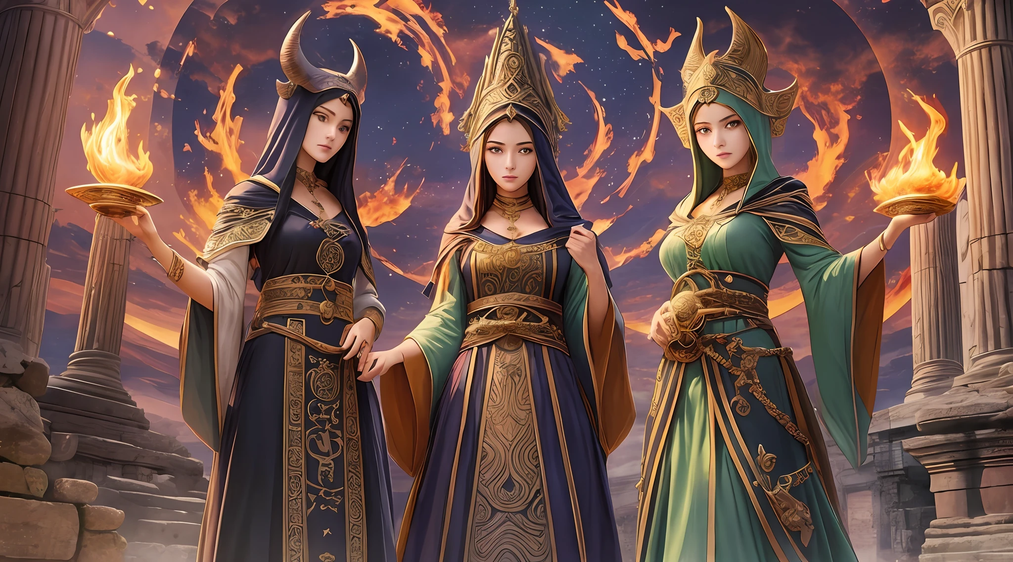 (masterpiece) (high quality) four women dressed in presto, long dress type witches around a cauldron, 
 of fire, young women, beautiful hood on the head, ritualistic type, moon in the sky, place with ancient ruins, statue of demon serpent on the site. --auto --s2