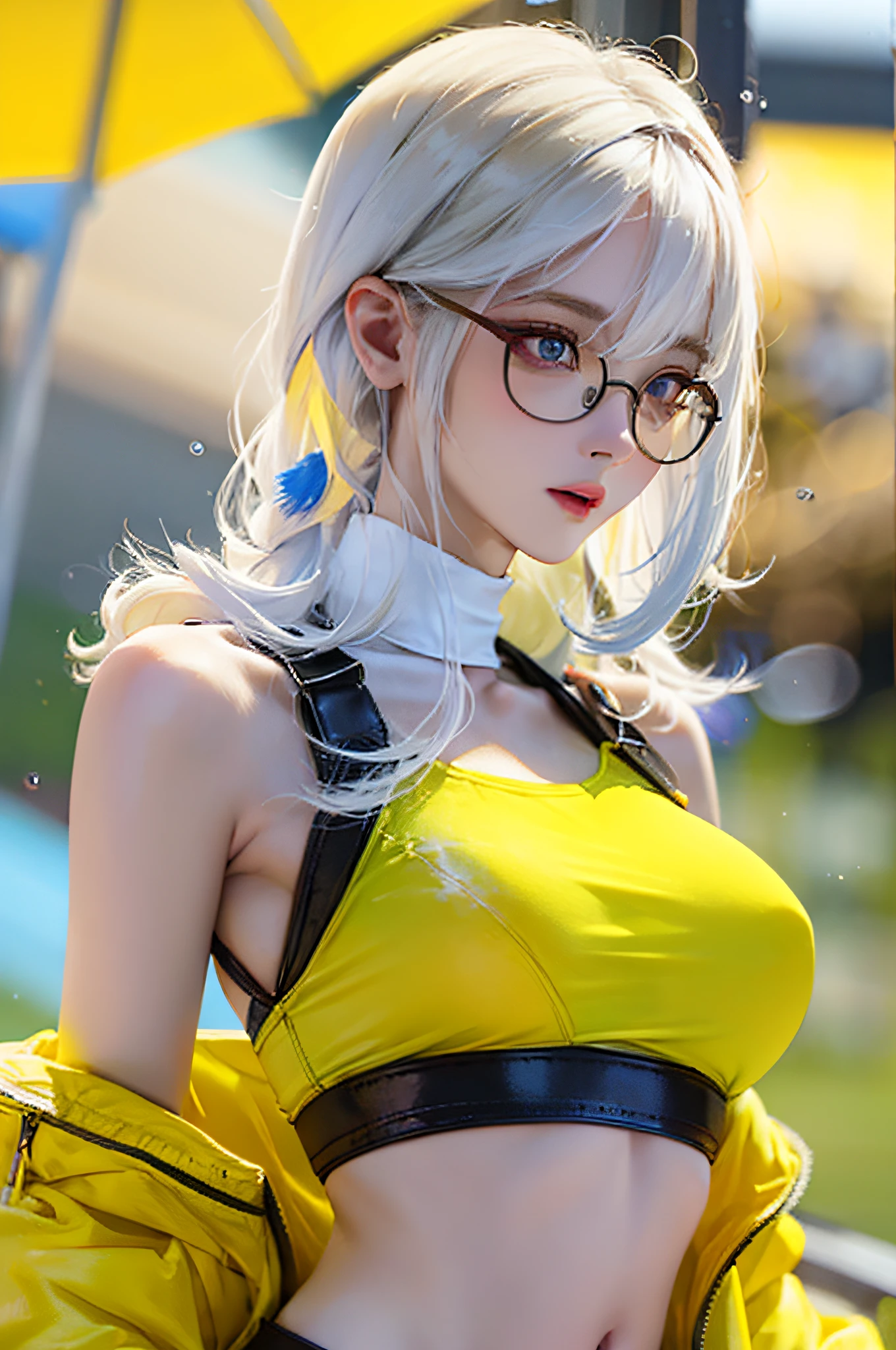 Glasses, from_above, crop top of the navel top, detailed face, yellow vest with white hair, snow white skin, 1 girl, personality sunglasses, woman, bright colors, bokeh background, stressed subject, dramatic colors, raindrops, big breasts, 8k, best picture quality