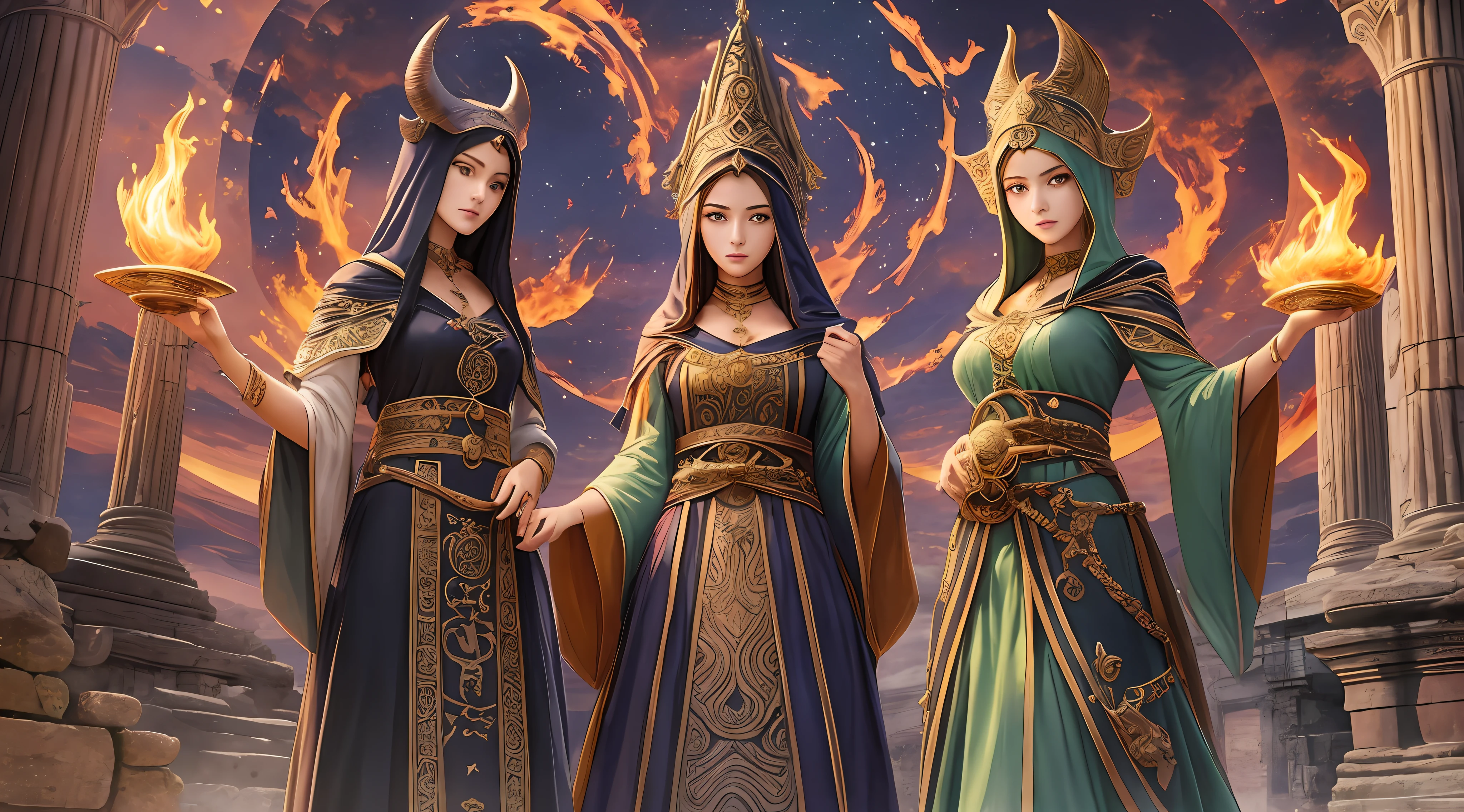 (masterpiece) (high quality) four women dressed in presto, long dress type witches around a cauldron,
of fire, young women, beautiful hood on the head, ritualistic type, moon in the sky, place with ancient ruins, statue of demon serpent on the site. --auto --s2