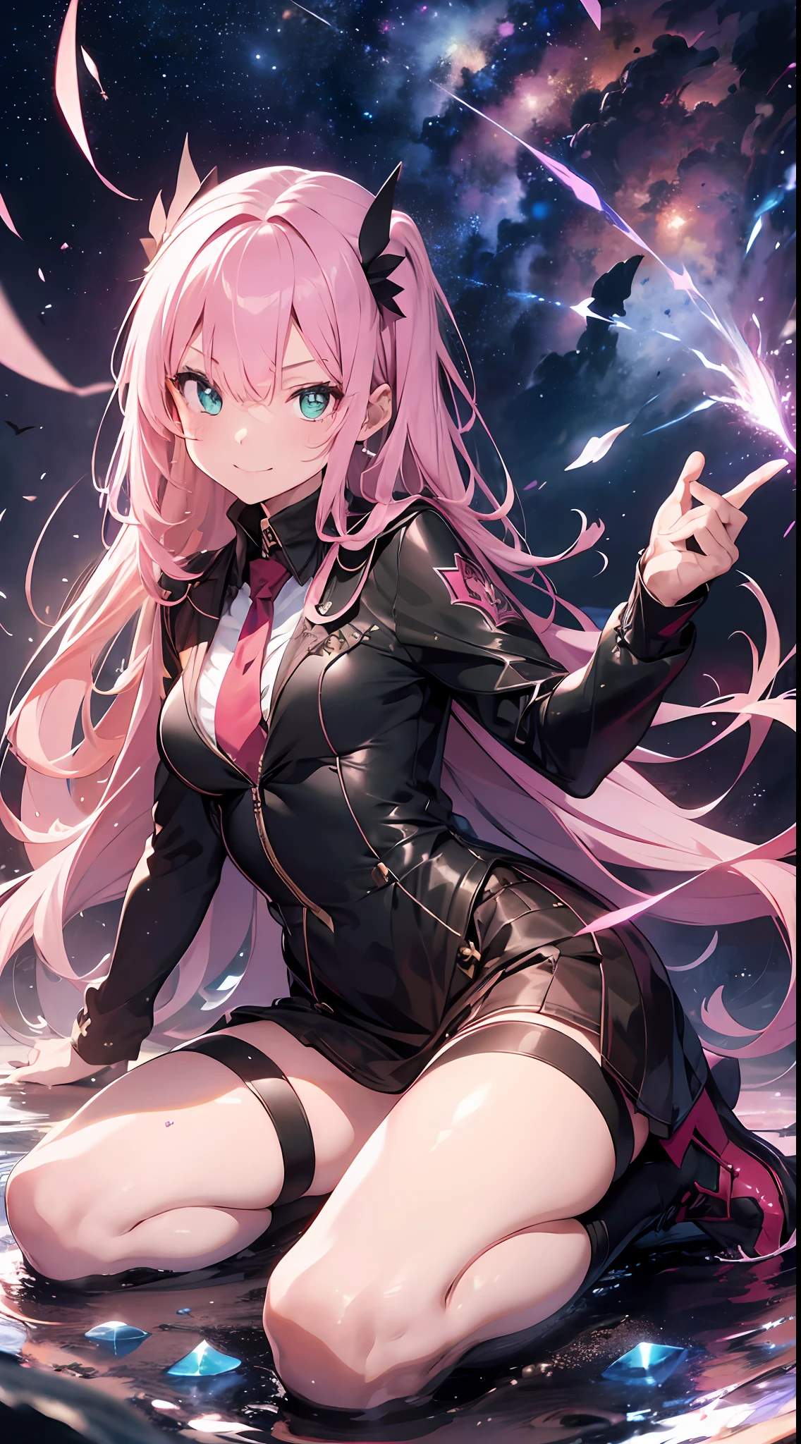 Spear, Mass Magic Circle ((masterpiece)), ((Super detail, top quality, high resolution, 8k wallpaper)) (1 girl) (pink hair, long hair, straight hair, two sides up)) (green eyes), eyeshadow, eyeliner, glow eyes, hyper detail eyes, complex eyes, beautiful eyes, (sparkling pink pupils)) 18-year-old girl. Seductive smile, small. Wind standing on knees (magic circle, watch), flames from one eye (attacking with a spear)