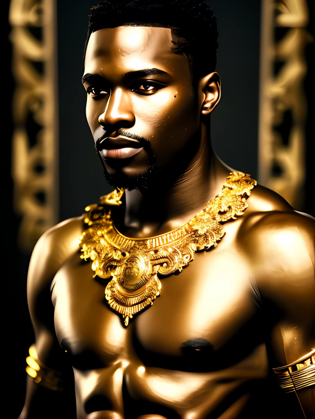 (masterpiece) An insanely detailed photo of an extremely handsome and sensual senior black man made out of gold, skin interely covered of liquid gold, with golden eyes, in the style of bio art, raw metallicity, black and white mastery, golden African influence, pure color, close-up, senior man , stock photo, masterpiece, best quality, high quality, extremely detailed cg unity wallpaper 8k, scenery, award winning photography, hdr, trending artstation, trending cgsociety, intricate, high detail, cinematic lighting, handsome senior man, humanoid