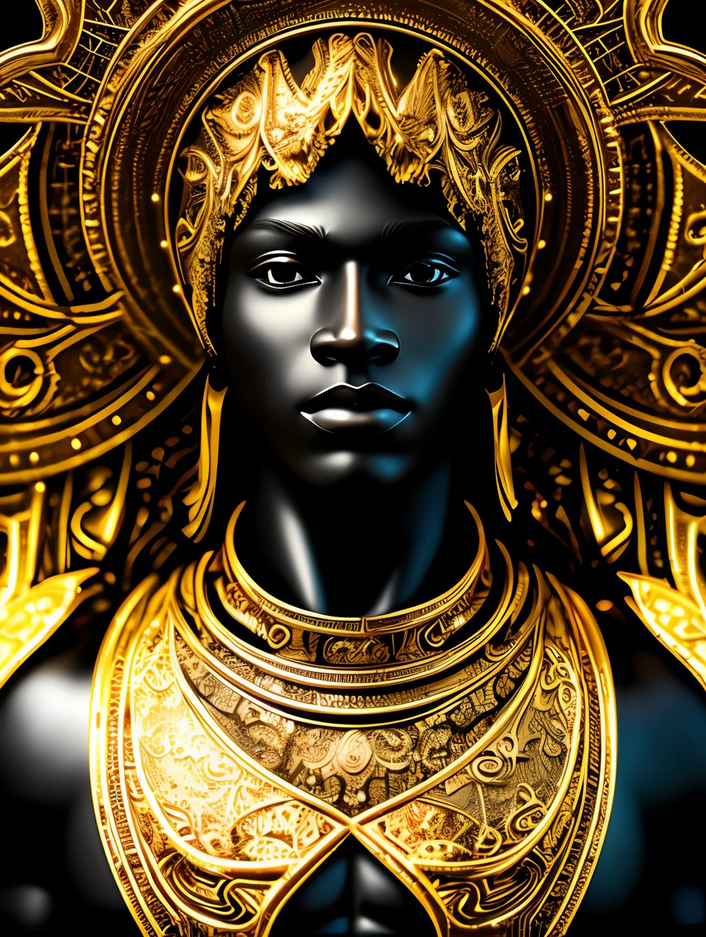 (masterpiece) An insanely detailed photo of an extremely handsome and sensual senior black man made out of gold, skin interely covered of liquid gold, with golden eyes, in the style of bio art, raw metallicity, black and white mastery, golden African influence, pure color, close-up, senior man , stock photo, masterpiece, best quality, high quality, extremely detailed cg unity wallpaper 8k, scenery, award winning photography, hdr, trending artstation, trending cgsociety, intricate, high detail, cinematic lighting, handsome senior man, humanoid