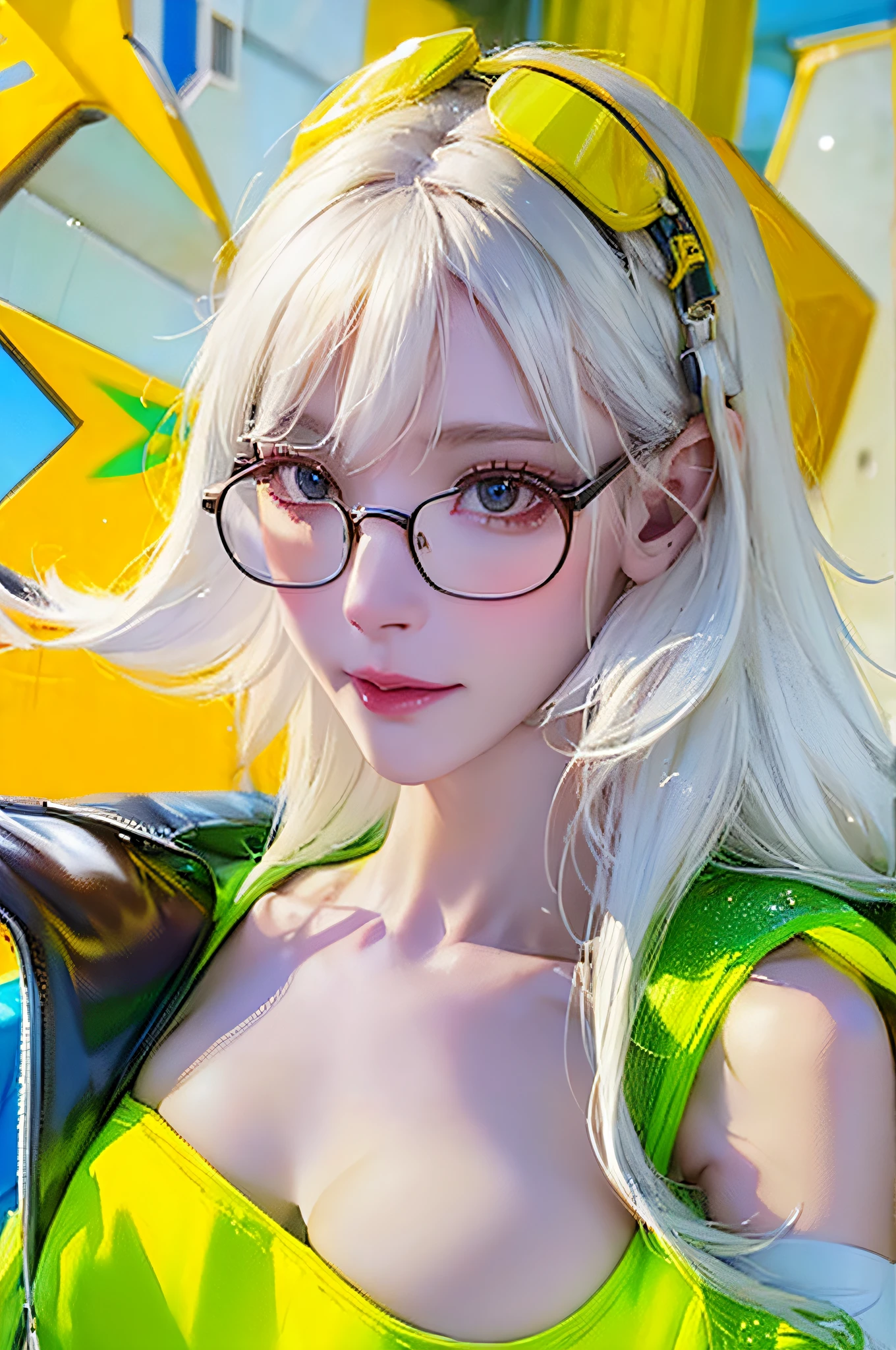 glasses, from_above, crop top, detailed face, yellow vest with white hair, snow white skin, 1 girl, personality sunglasses, woman, bright colors, bokeh background, emphasized subject, dramatic color, raindrops, big tits, 8k, best picture enhancement, picture quality, high dynamic lighting rendering image, dynamic contrast, HD excellent definition, HD picture quality, ultra HD, 4K, color gamut, high dynamic range perfect sharpness, high quality color, high fidelity, high resolution perfect, High precision, pure and meticulous