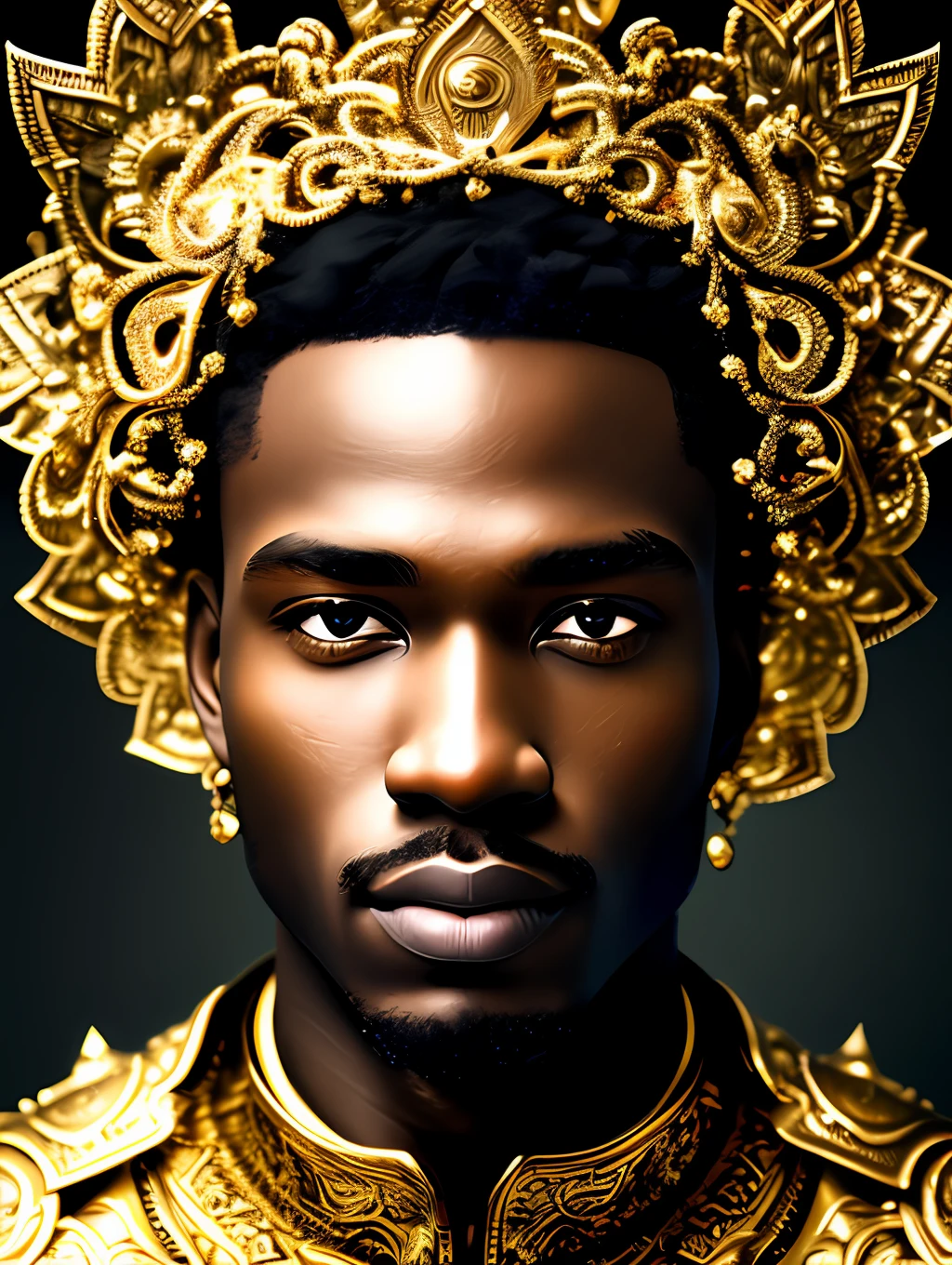 (masterpiece) An insanely detailed photo of an extremely handsome and sensual senior black man made out of gold, skin interely covered of liquid gold, with golden eyes, in the style of bio art, raw metallicity, black and white mastery, golden African influence, pure color, close-up, senior man , stock photo, masterpiece, best quality, high quality, extremely detailed cg unity wallpaper 8k, scenery, award winning photography, hdr, trending artstation, trending cgsociety, intricate, high detail, cinematic lighting, handsome senior man, humanoid