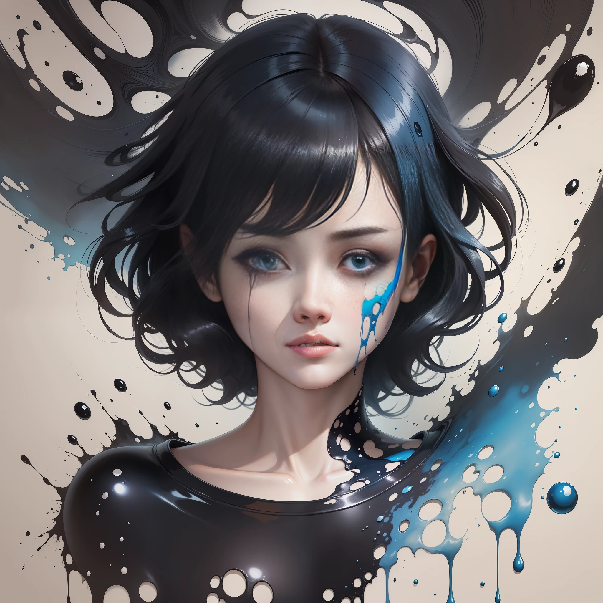 (masterpiece, best quality), abstract: 1.3, art, drawing of a young woman, upper body, floating torso, crying, eyes empty of black liquid, cream paper in the center, shirt, medium blue ink, medium hairstyle, facial veiwer, dripping ink, (glossy), ink splash,