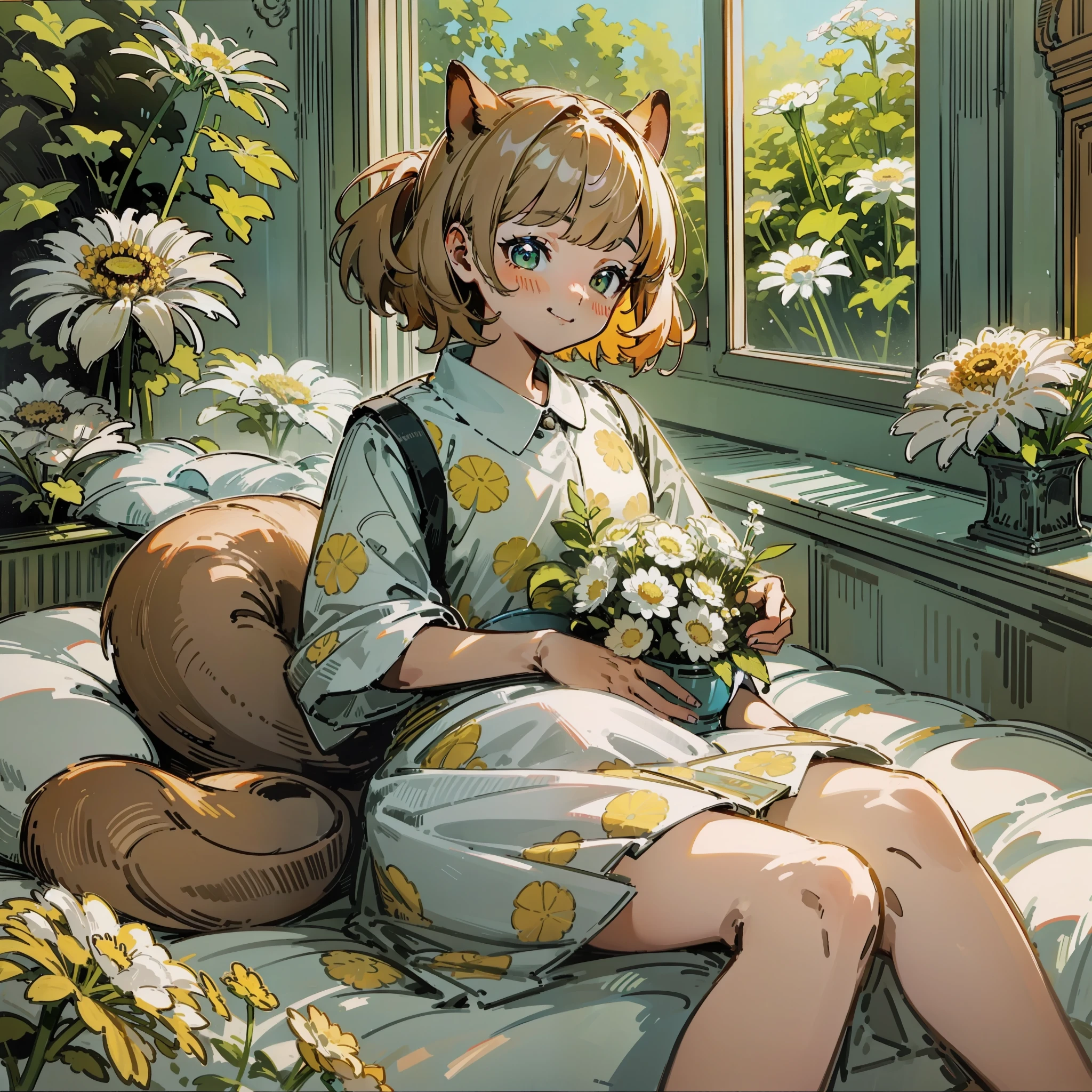 Squirrel girl, girl, (squirrel: 1.331), animal, white chrysanthemum, book in hand, (sideways: 1.331), wind, sunny, interior, bedroom in background, fresh skirt, light green and white skirt, double eyelids, convex nose bridge, small mouth, smile, comics, ray tracing, detail, 4K, HD, high quality