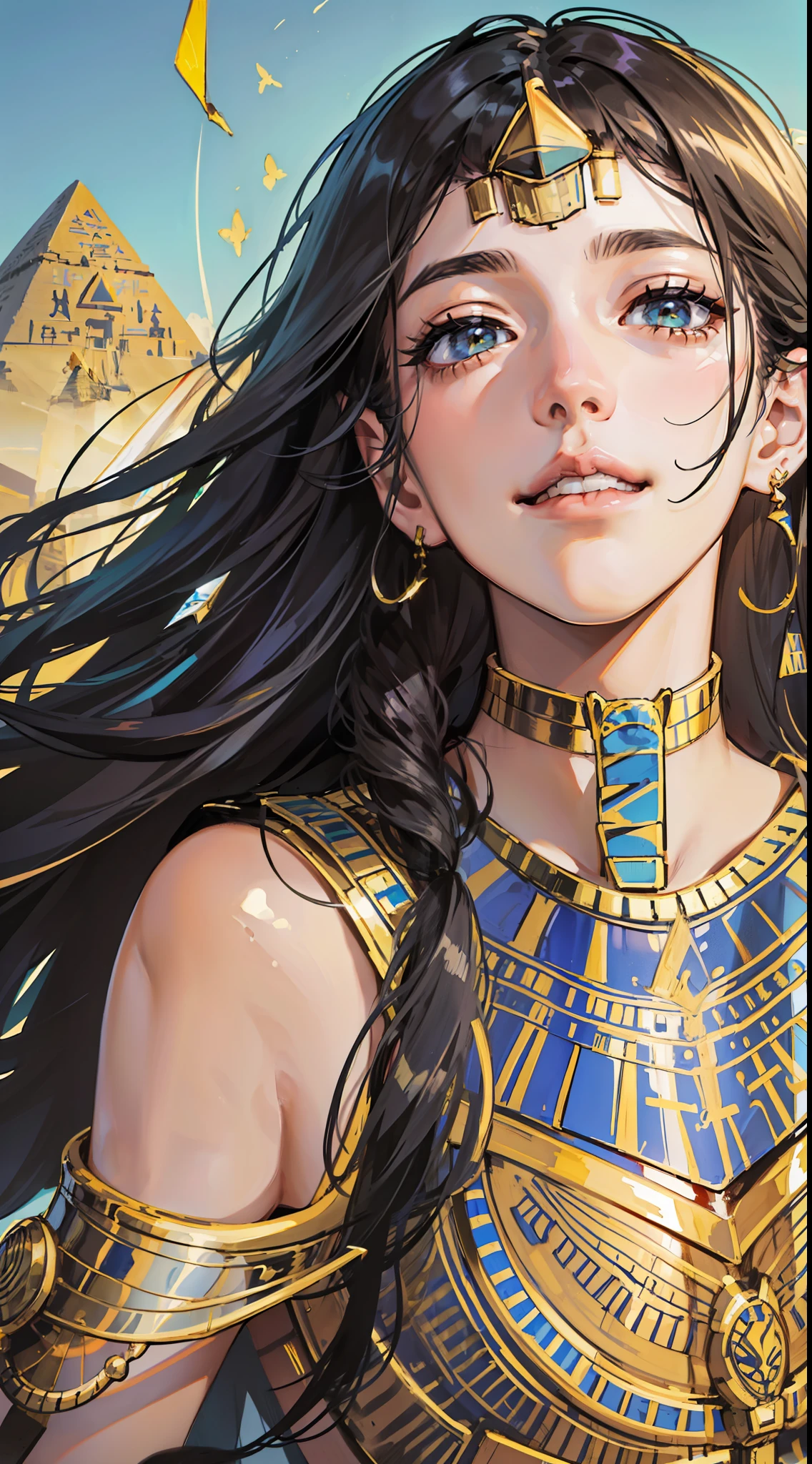 best quality, masterpiece, photorealistic photo, intricate details, raw photo, photon rendering, octane rendering, absurd, ultra detailed, detailed face, detailed skin, trend in artstation, 8k masterpiece, cinematic lighting, ((1girl)),((solo)),((looking_at_viewer)),trending on cg society,plasticien,((black long hair)),((beautiful woman)),(Smile),(((Egyptian pyramid))),wind blowing hair, ((flowing hair)), happy, fashion magazine,