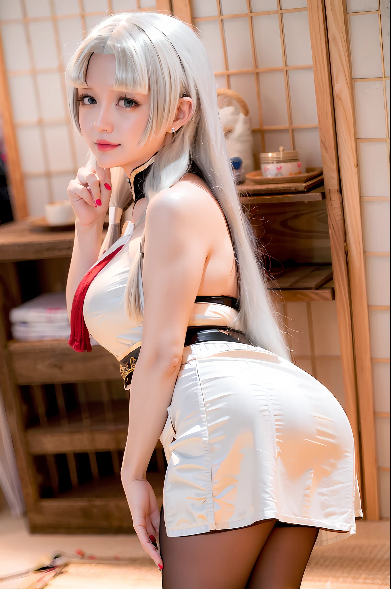 best quality, ultra high res, (photorealistic:1.4), 1girl, sleeveless white blouse, bare shoulders, red skirt, black choker, cute, (Kpop idol), (aegyo sal:1), (platinum blonde hair:1), ((puffy eyes)), looking at viewer, full body, facing front, smiling