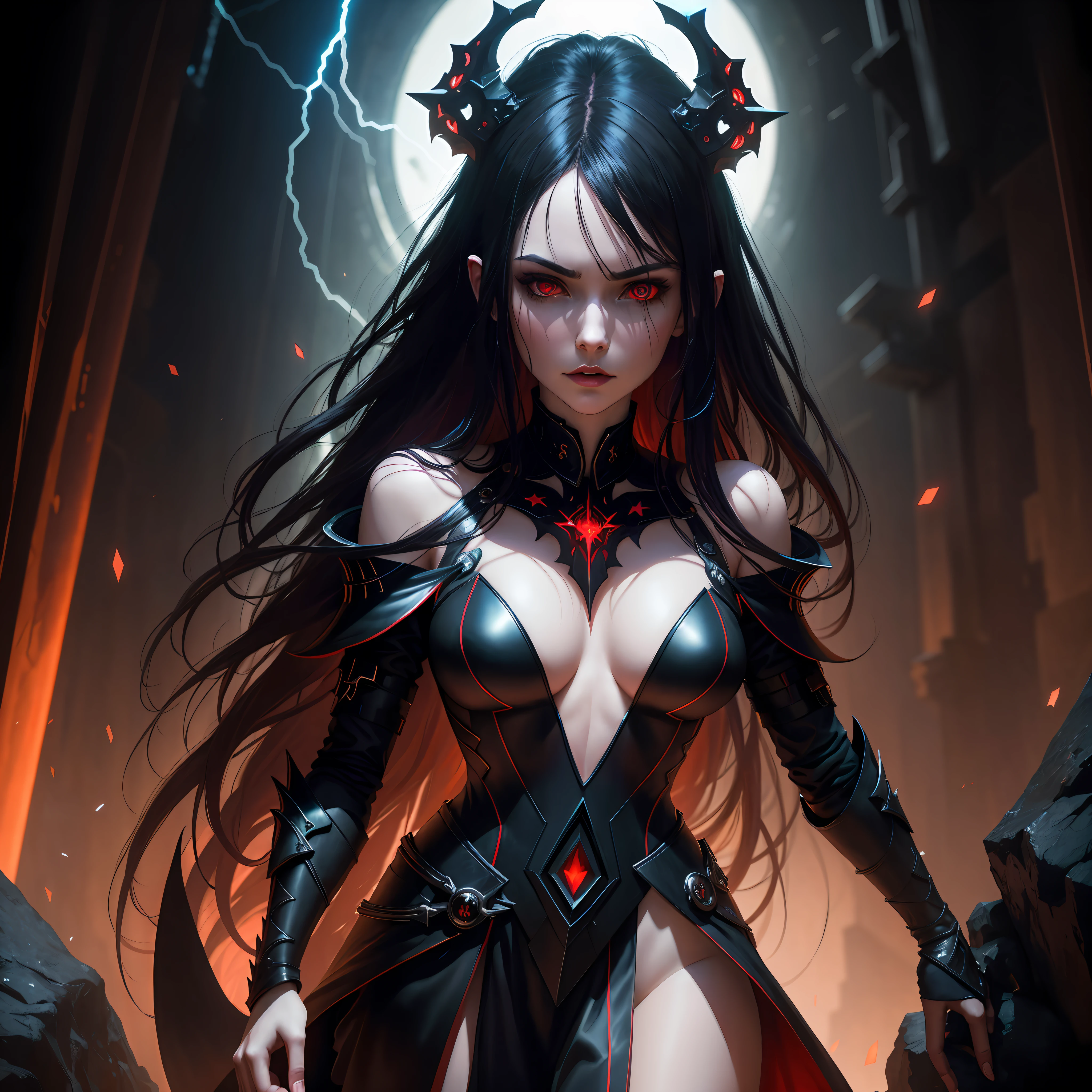 Raw foto,dark light, dark environment, dark masterpiece, pale woman, posing photo, long hair,dark sorcery, red geometric glowing background, full body size, eastern fantasy theme, crimson eyes, underworld, cold look, dark long tight clothes, pale skin, colour grading, dark illustration, extreme quality, radiant, extremely detailed, ultra-detailed face, ultra hd 8k, ultra digitality, mythical, dark lightning, concept art portrait by Greg Rutkowski, artgerm, hyperdetailed, intricately detailed gothic art, dark gothic fantasy style, triadic colours, fantastical, intricate detail, splash screen, complementary colours, fantasy concept art, 8k resolution, gothic deviantart masterpiece, heavy strokes, soft lighting, surrealism
