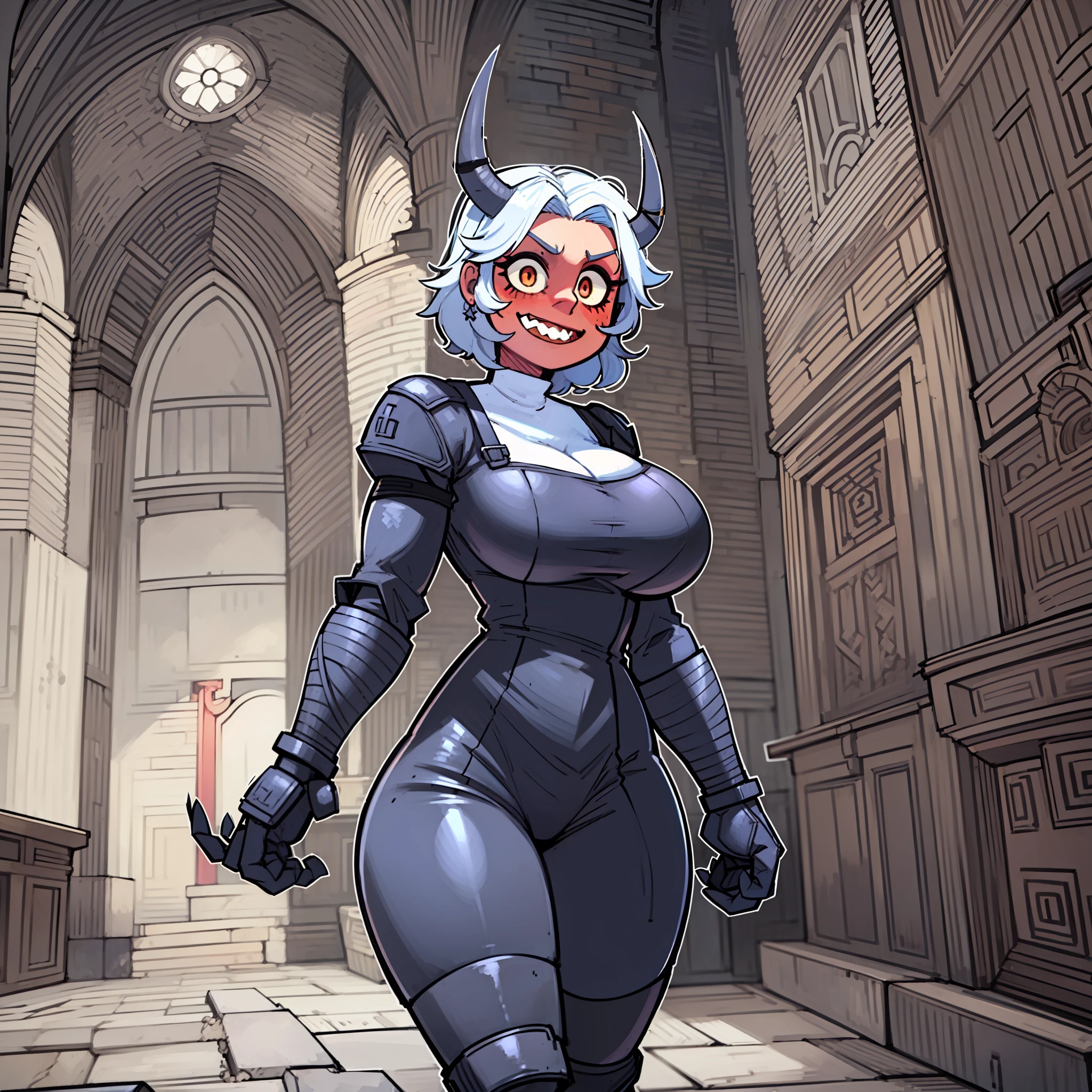 nun, demon girl, walking, bimbo, warpriesstes, silver hair, short hair, holy gauntlets, long skir