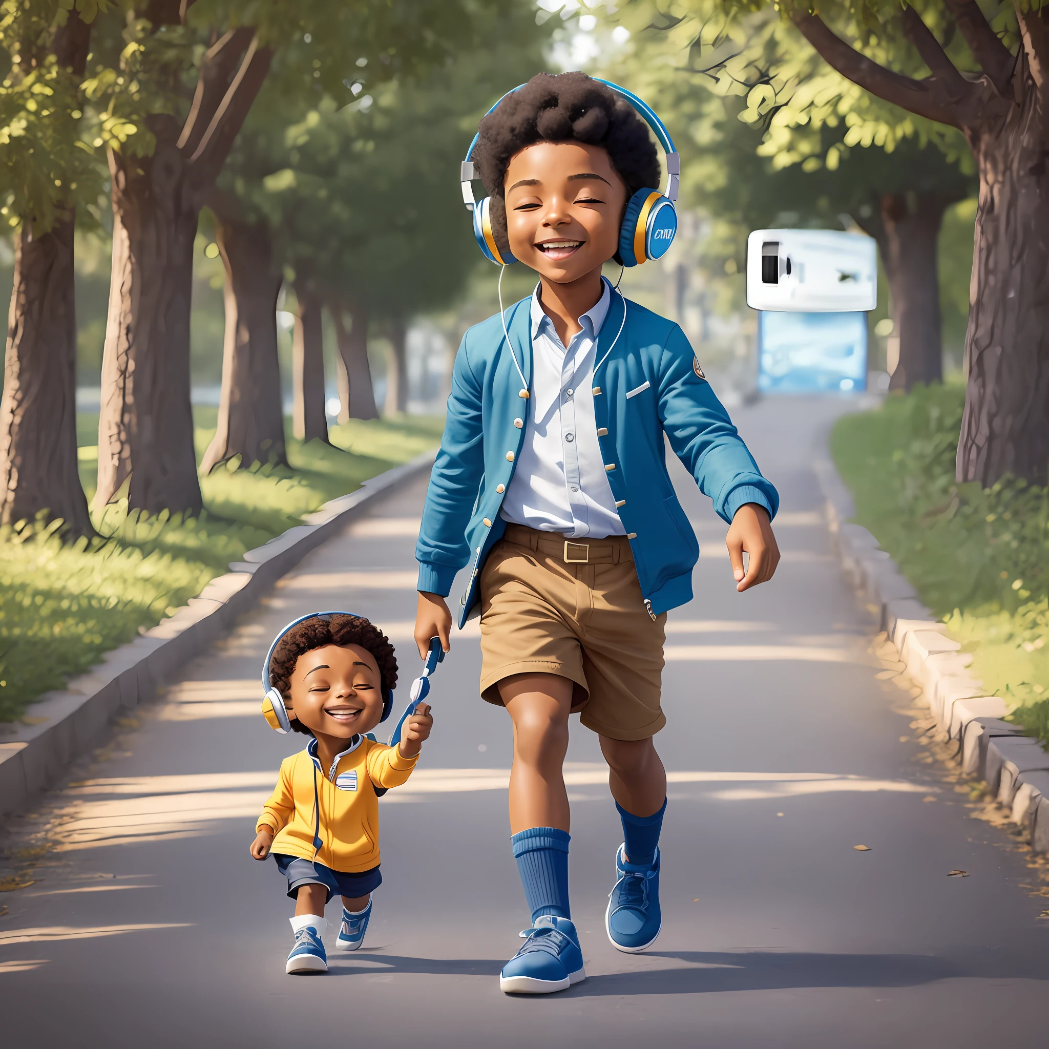 3D cartoon sticker of funny afro boy walking and listening to music, (((headphone))), (sweet eyes), child's smile, handsome young man, (((listening to music))), cute smile, chibi, Cristiano Ronaldo style, happy, big eyes, fish eyes, joy affections, closed eyes, squinted eyes, happiness, pixar style, blue background, solid color, cosplay as bilbo baggins, model, seaart, Dreamsharp --auto --s2