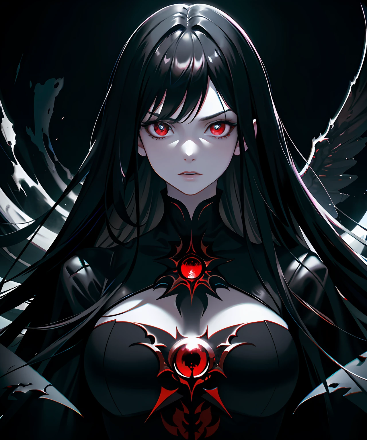 Raw foto,dark light, dark environment, dark masterpiece, pale woman, posing photo, long hair,dark sorcery, red geometric glowing background, full body size, eastern fantasy theme, crimson eyes, underworld, cold look, dark long tight clothes, pale skin, colour grading, dark illustration, extreme quality, radiant, extremely detailed, ultra-detailed face, ultra hd 8k, ultra digitality, mythical, dark lightning, concept art portrait by Greg Rutkowski, artgerm, hyperdetailed, intricately detailed gothic art, dark gothic fantasy style, triadic colours, fantastical, intricate detail, splash screen, complementary colours, fantasy concept art, 8k resolution, gothic deviantart masterpiece, heavy strokes, soft lighting, surrealism