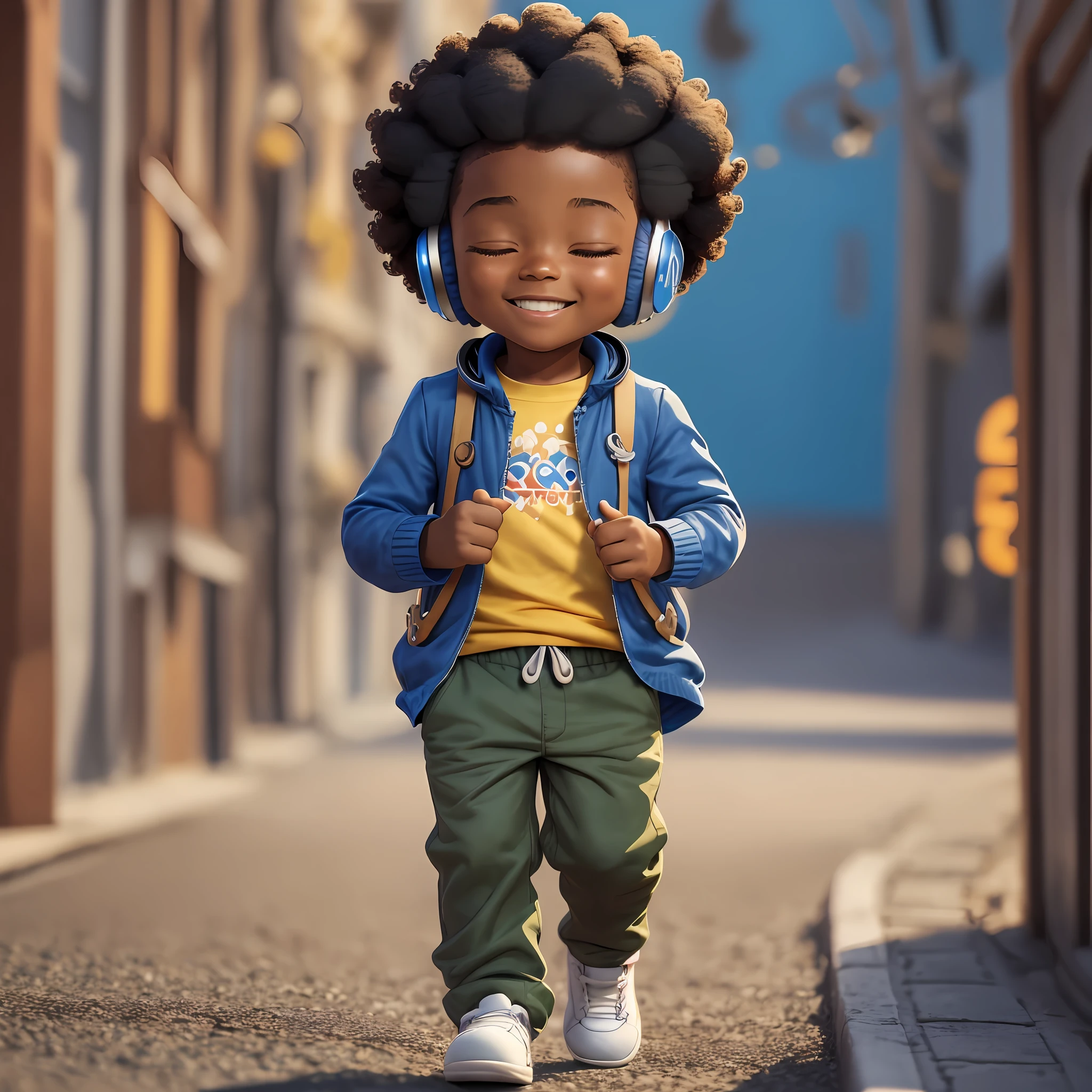 3D cartoon sticker of funny afro boy walking and listening to music, (((headphone))), (sweet eyes), child's smile, handsome young man, (((listening to music))), cute smile, chibi, Cristiano Ronaldo style, happy, big eyes, fish eyes, joy affections, closed eyes, squinted eyes, happiness, pixar style, blue background, solid color, cosplay as bilbo baggins, model, seaart, Dreamsharp --auto --s2