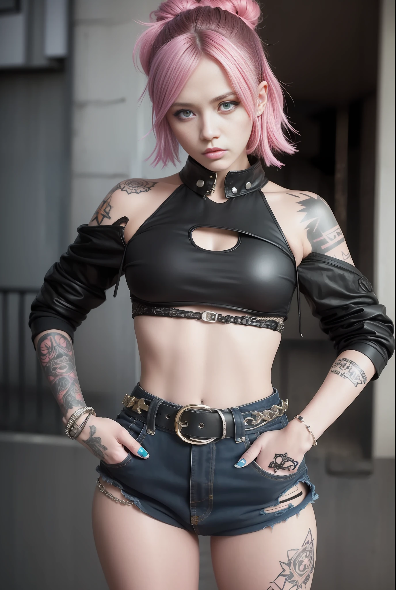 RAW PHOTO of An incredibly pretty young woman, a street punk delinquent dressed in punk-style, provocative clothes. sexy, violent, looking at the viewer, (Sidelocks: 1.3), torn clothes, piercings, jewelry, tattoos, observatory, finely detailed background, incredibly intricate background, incredibly absurd, best quality