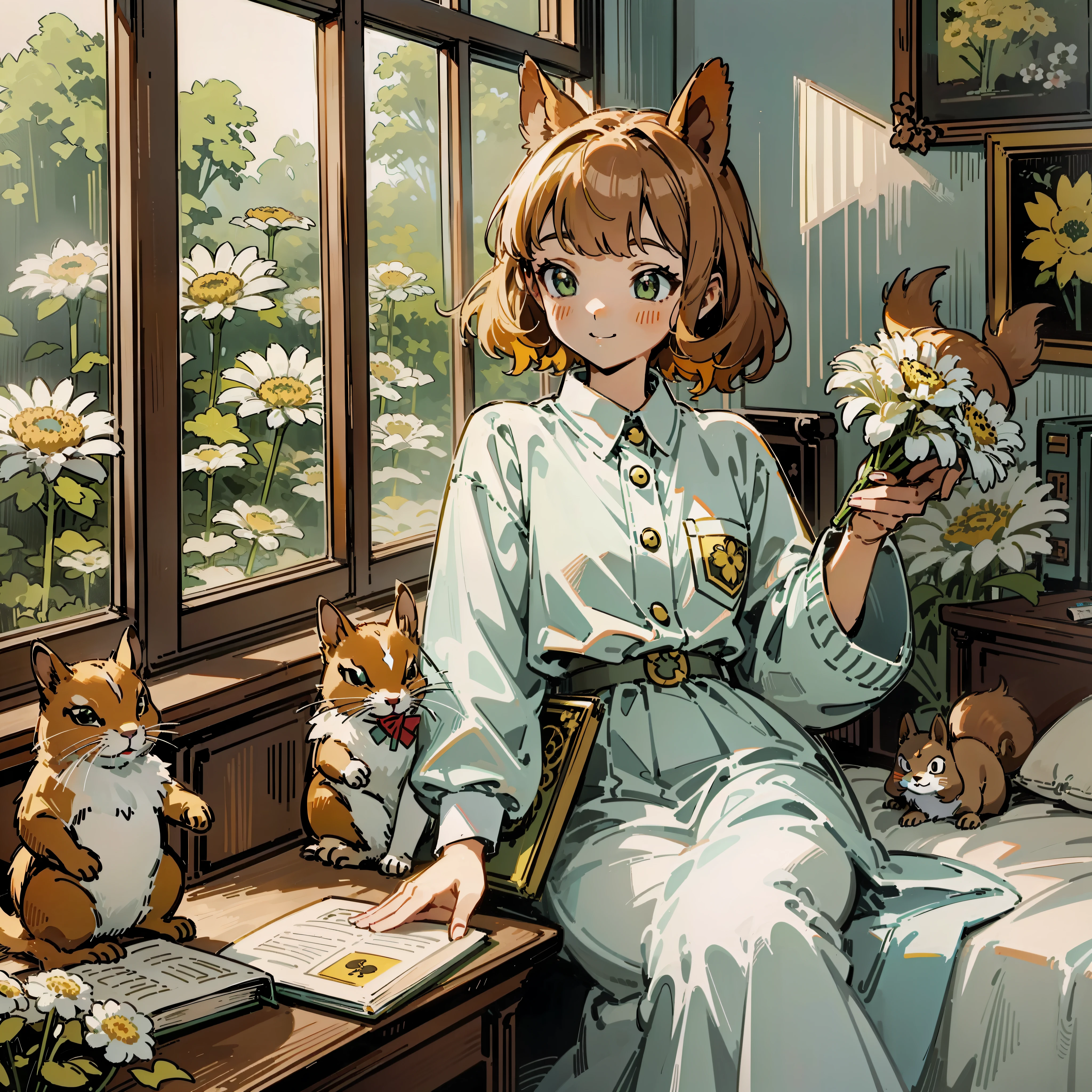 Squirrel girl, girl, (squirrel: 1.331), animal, white chrysanthemum, book in hand, (sideways: 1.331), wind, sunny, interior, bedroom in background, fresh skirt, light green and white skirt, double eyelids, convex nose bridge, small mouth, smile, comics, ray tracing, detail, 4K, HD, high quality