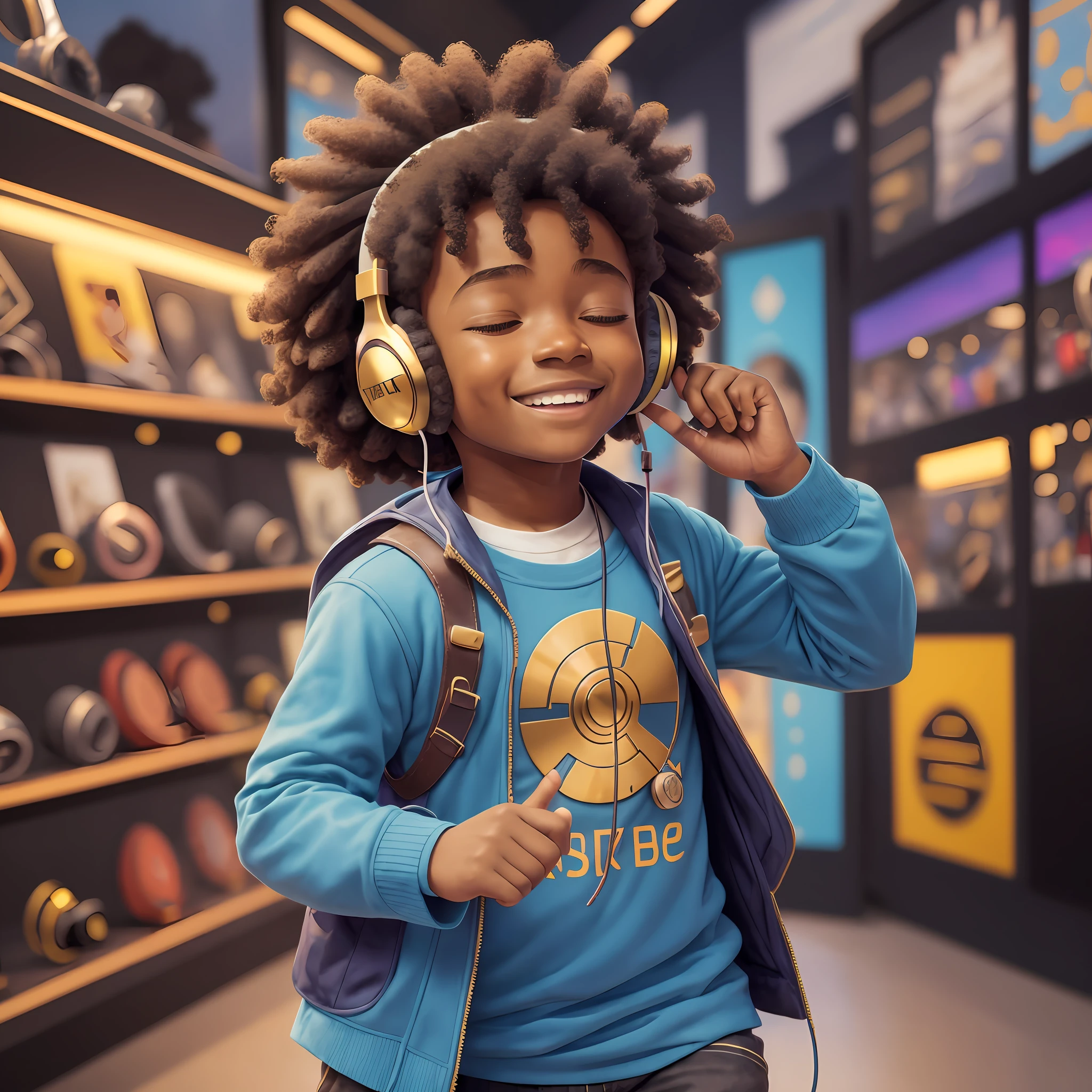 3D cartoon sticker of funny afro boy walking and listening to music, (((headphone))), (sweet eyes), child's smile, handsome young man, (((listening to music))), cute smile, chibi, Cristiano Ronaldo style, happy, big eyes, fish eyes, joy affections, closed eyes, squinted eyes, happiness, pixar style, blue background, solid color, cosplay as bilbo baggins, model, seaart, Dreamsharp --auto --s2
