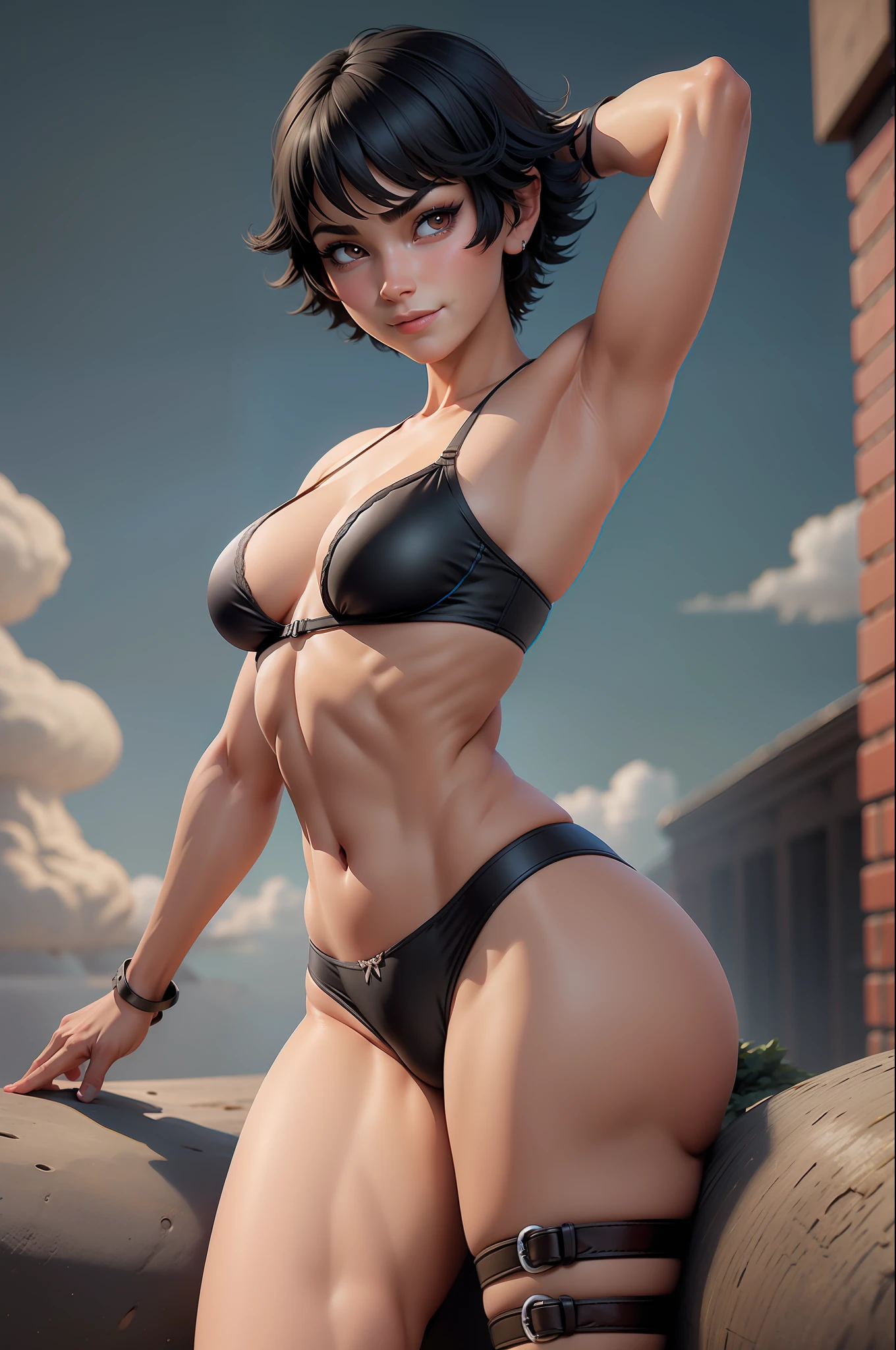 3dmm style, (masterpiece, best quality), intricate details, 1girl, solo, Lady\(devil may cry\), 1girl, sit-ups, armpits, black_bra, black_hair, blue_sky, bra, breasts, construction, neckline, cloud, day, large_breasts, large breasts, looking_at_viewer, navel, outdoor, micro panties, thong panties, short_hair, sky, smile, solo, thighs, toned, fit body,perfect body,  muscular!,chubby butt, prancing ass, prancing butt, Ilya Kuvshinov,Yusuke Murata style, hentai,