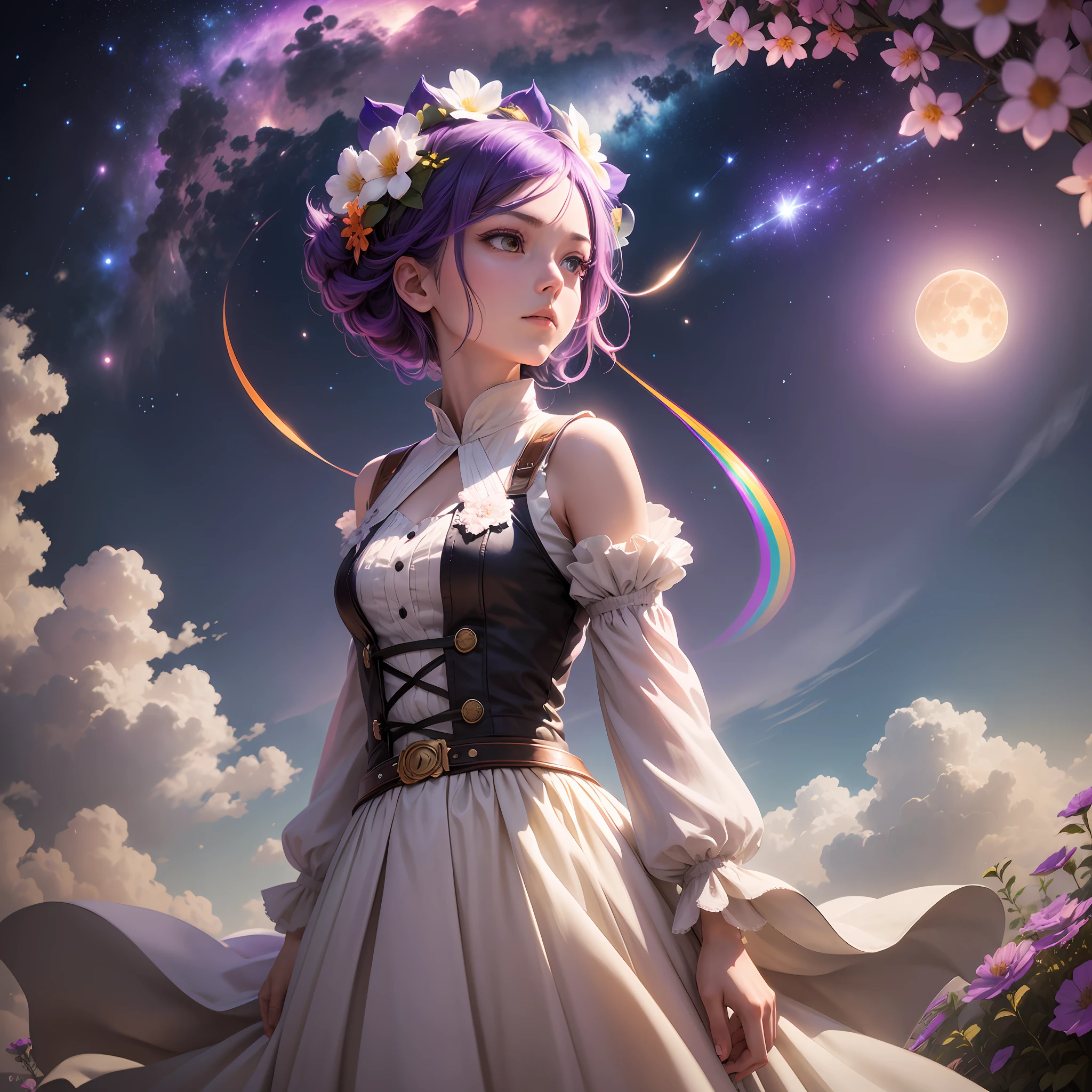 The character Rukia from Bleach, Bleach, Rukia, A wide landscape photo (view from below, the sky is above and the open field is below), a girl standing in a field of flowers looking up (full moon: 1.2), (meteor: 0.9), (nebula: 1.3 ), distant mountains , BREAK Trees Crafting Art, (Hot Light: 1.2), (Firefly: 1.2), Lights, Very Purple and Orange, Intricate Details, BREAK Volumetric Lighting (Masterpiece: 1.2), (Best Quality), 4k, Ultra Detailed, (Dynamic Composition: 1.4), Rich in Detail and Color, (Rainbow Color: 1.2), (Brightness, Atmospheric Lighting), Dreamer, Magician, (Solo: 1.2) --auto --s2