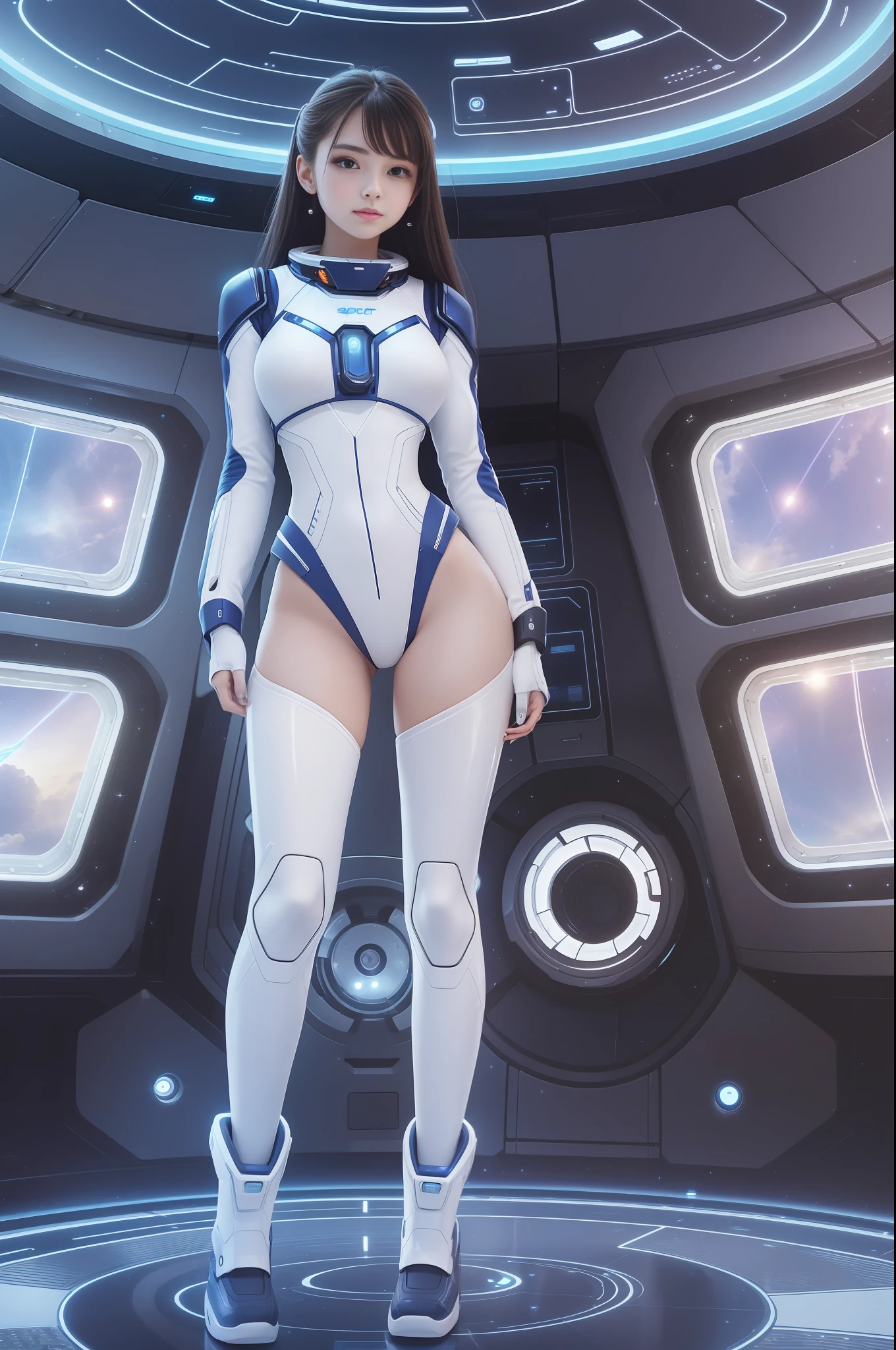 1 cute and beautiful girl, 20 years old, in a huge spaceship, full of technology and futuristic inside, open vision, smooth lines, inspired by the movie space traveler, seductive appearance, ultra HD, sexy long legs