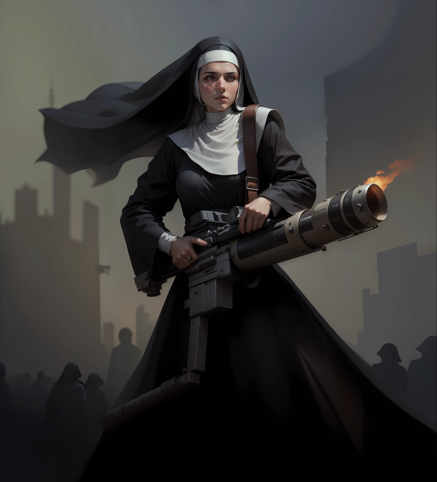 Best quality, masterpiece, ultra high res, (photorealistic: 1.4),Nun,with minigun in hand