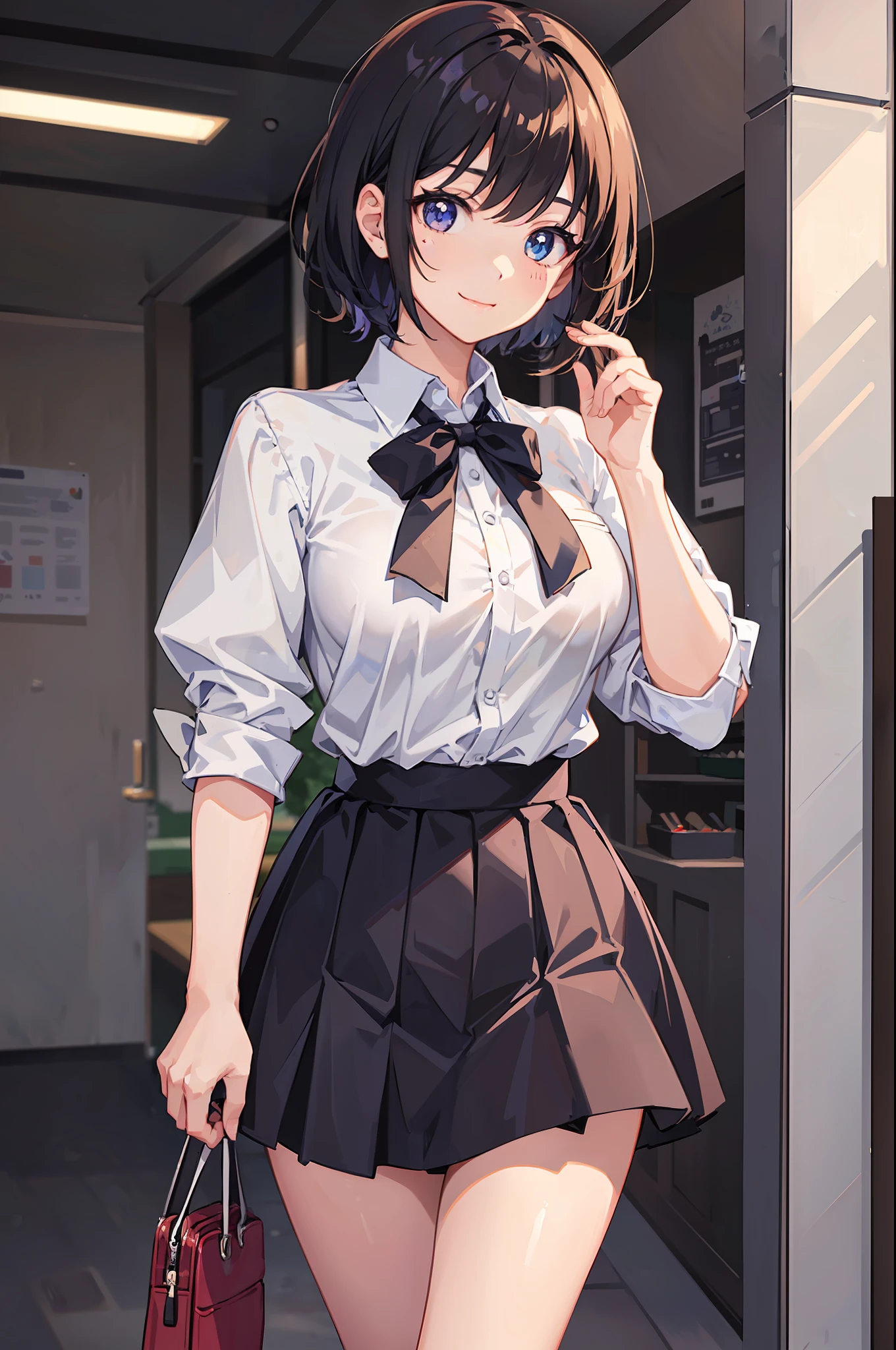 1girl, cute, kind smile, friendly, medium breast, semi-short hair, petite girl, (best quality), (masterpiece), (anime coloring:1.2), extremely detailed, illustration, high school uniform, short skirt, cafe, looking at viewer, cowboy shot