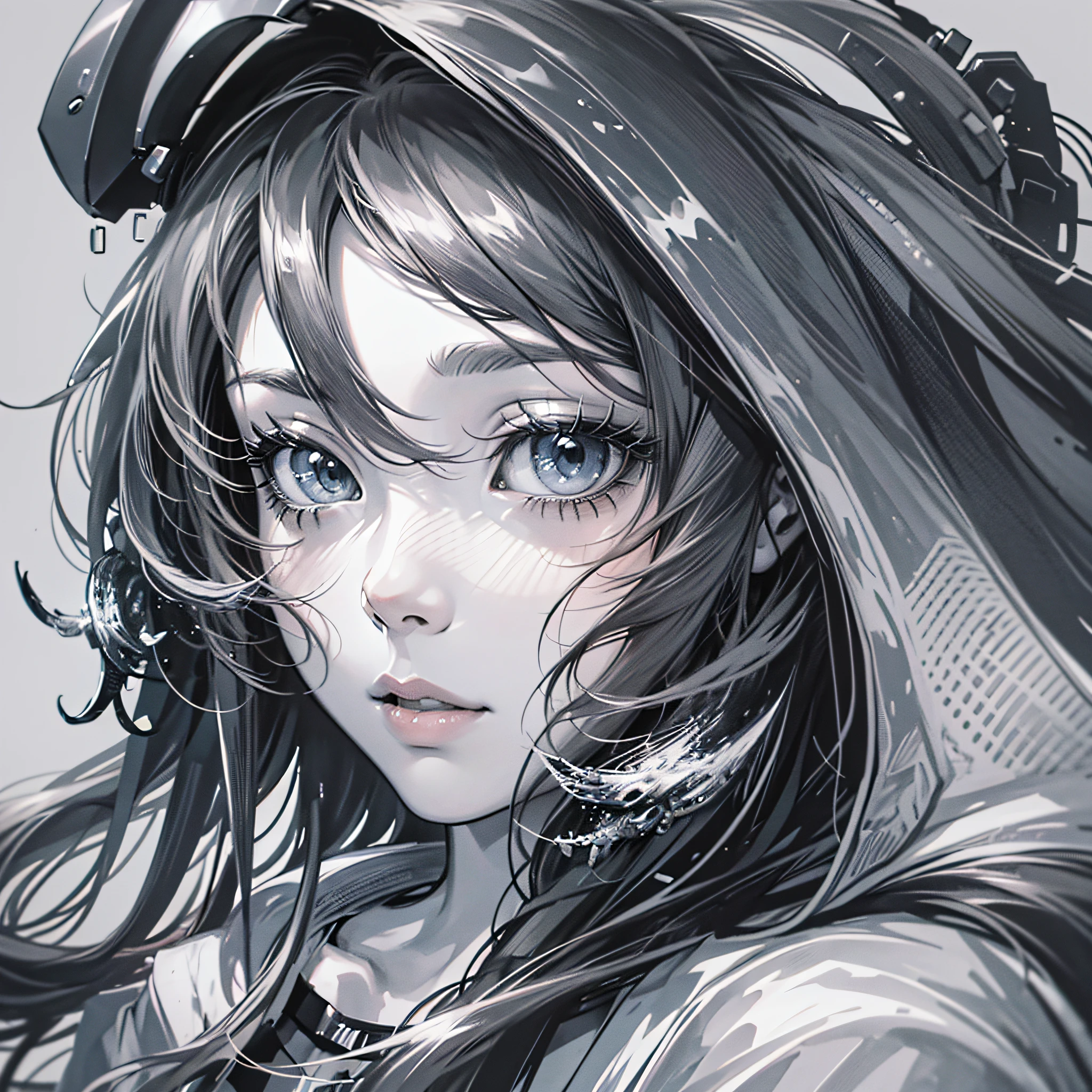 Minimalist monochromatic artwork, close-up, black and white, anime girl, clean lines, subtle shading, evocative simplicity. --auto --s2