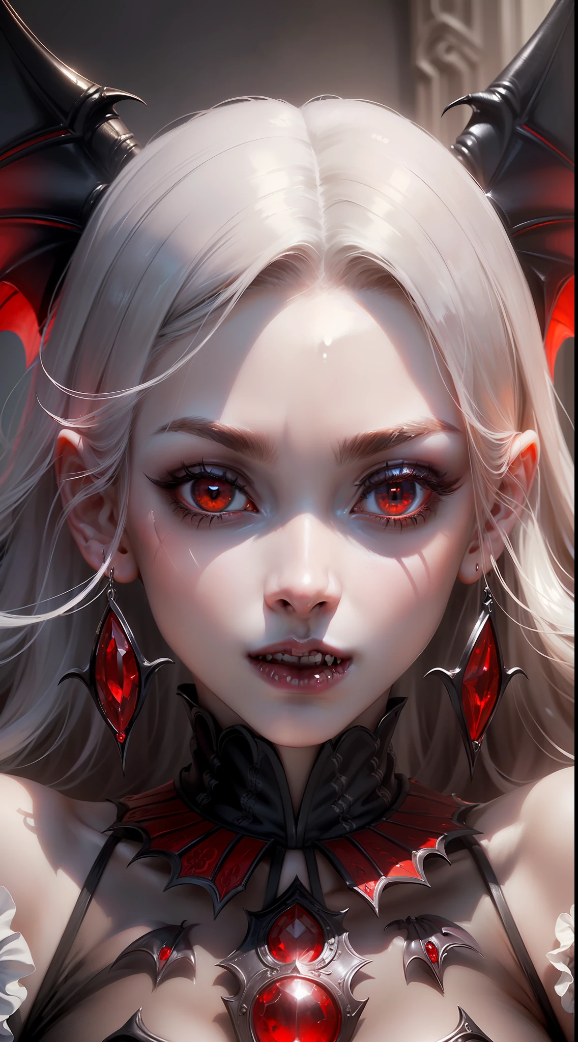 (8k wallpaper with extremely detailed CG unit, masterpiece, best quality, ultra-detailed), (best lighting, best shadow), (a perfect and symmetrical face of (((a vampire woman, pale skin))), with eyes that reflect the beauty of the world), attractive, floating, high resolution, dynamic angle, dynamic pose.