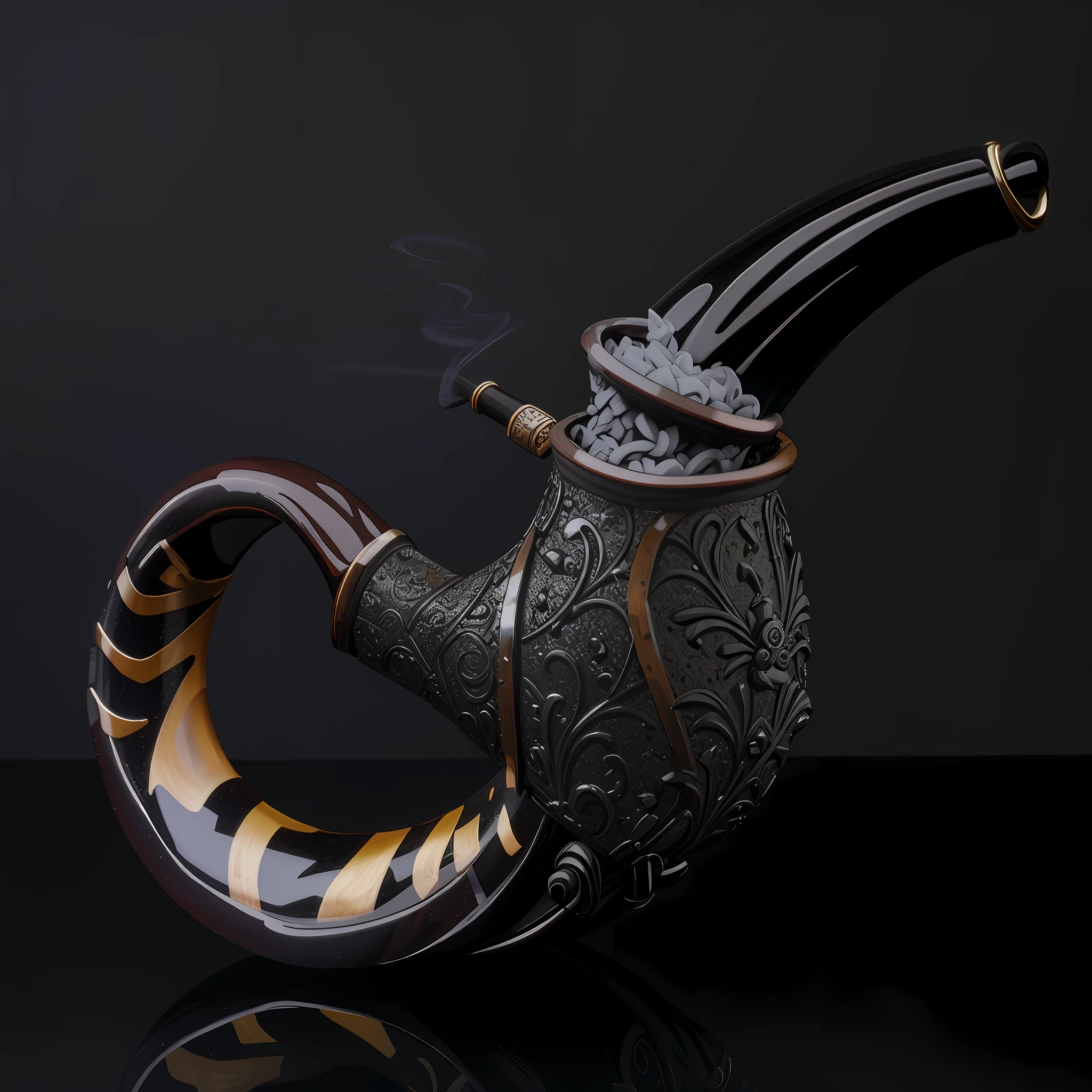 there is a pipe with a black handle and a brown handle, cursed baroque with ebony inlay, mage smoking pipe, smoking pipe,pipe, pipe smoke, exotic artifact, 1 8, exotic