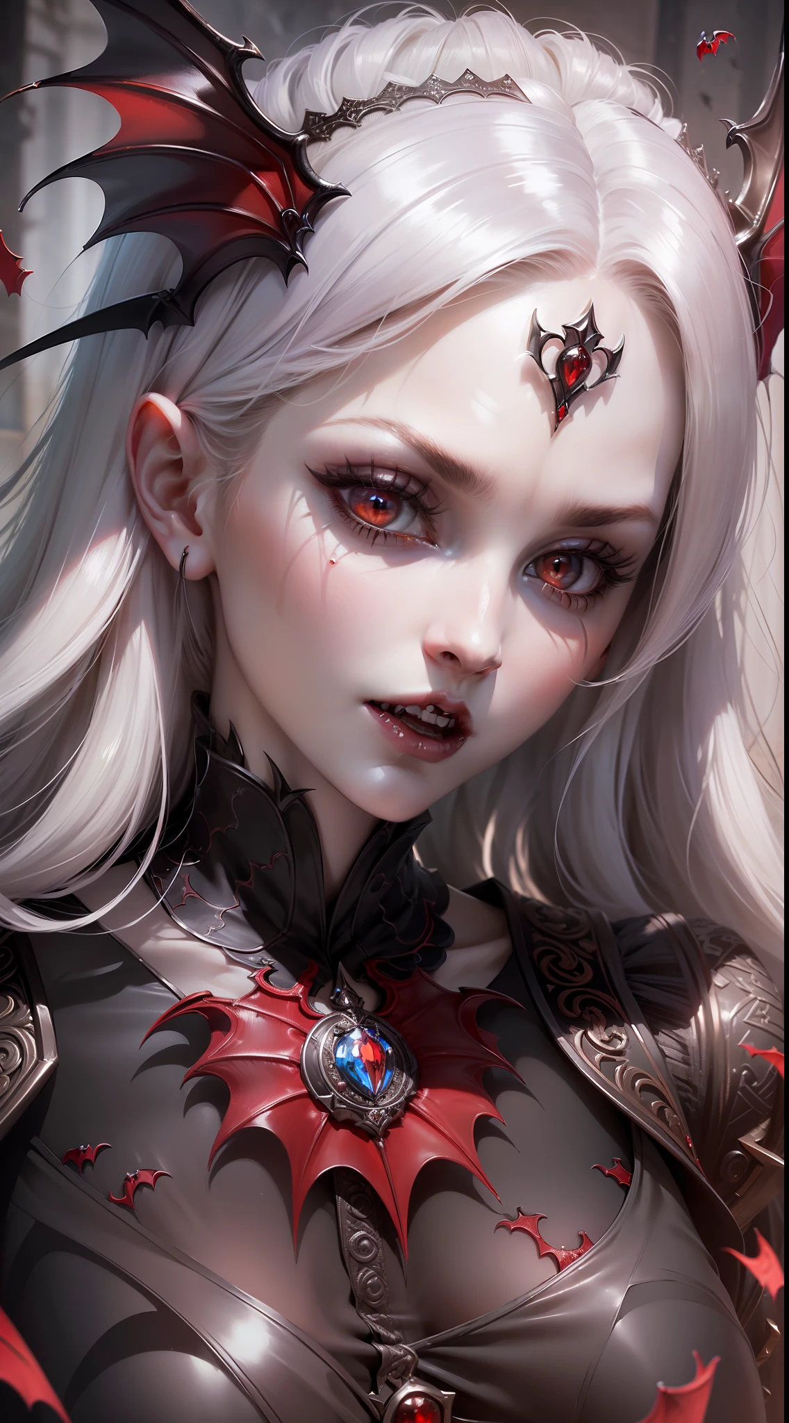 (8k wallpaper with extremely detailed CG unit, masterpiece, best quality, ultra-detailed), (best lighting, best shadow), (a perfect and symmetrical face of (((a vampire woman, pale skin))), with eyes that reflect the beauty of the world), attractive, floating, high resolution, dynamic angle, dynamic pose.