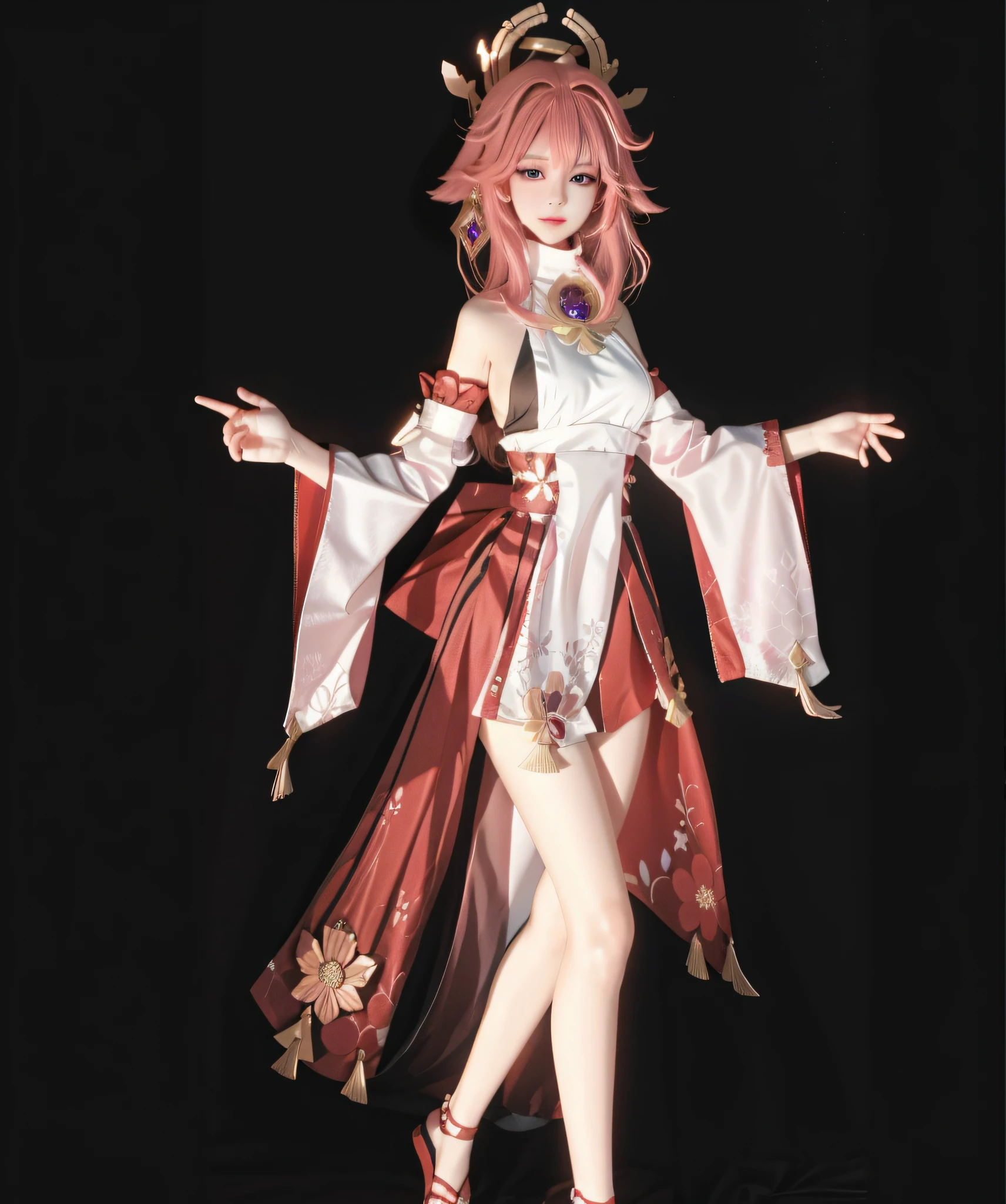 ((Masterpiece)) (ulzzang-6500-v1.1) 1 girl 1girl, yae miko, solo, pink hair, detached sleeves, purple eyes, japanese clothes, long hair, black background, wide sleeves, jewelry, full body, animal ears, looking at viewer, smile, hair between eyes, simple background, nontraditional miko, bangs, earrings, fox ears, standing, anklet, breasts, hair ornament,  legs, sandals,  shoulders, sidelocks, fox shadow puppet, long sleeves, vision (genshin impact), shirt, white shirt, turtleneck{correct pose}, {detailed clothes}, {detailed body}, ((（36d breasts1.1)）) {correct }, {extremely beautiful and exquisite anime face and eyes}, {lonely }, {extremely beautiful and exquisite anime face and eyes}, {extremely beautiful and exquisite anime face and eyes}., {minute details}, {exquisite details}, {exquisite}, (masterpiece), (superb), (wallpaper), (octane) (8K HD), shiny hair, feather hair ornament, diamond-shaped pupils, chiaroscuro Raise your hand, 8k. Jewel-like eyes, The perfect face., {Detailed clothes}, {Detailed body}, (((36D breast 1.1))) {correct }, {Extremely beautiful and delicate anime face and eyes}, {Lonely}, {Extremely beautiful and delicate anime face and eyes}, {Extremely beautiful and delicate anime face and eyes}., {minute details}, {Fine details}, {Exquisite}, (masterpiece), (Superb), (Wallpaper), (octane) (8K HD), Shiny hair, Feather decoration, Diamond-shaped pupil, Chiaroscuro Raise your hand, Movie lighting, cinematic lighting, Surrealism, high detail, Surrealism, High detail, high quality, textured skin, HD, High quality, Textured skin, HD, 8k