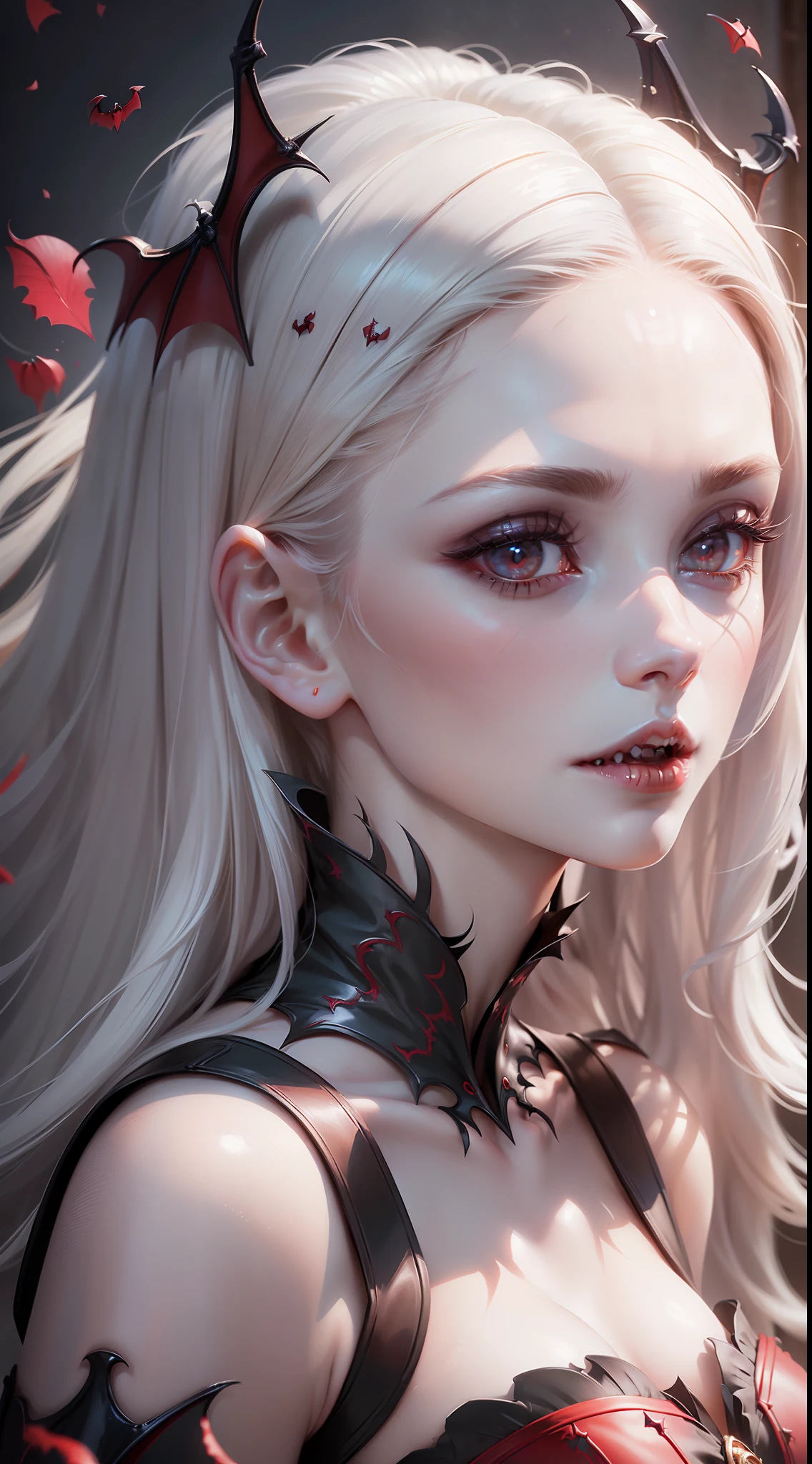 (8k wallpaper with extremely detailed CG unit, masterpiece, best quality, ultra-detailed), (best lighting, best shadow), (a perfect and symmetrical face of (((a vampire woman, pale skin))), with eyes that reflect the beauty of the world), attractive, floating, high resolution, dynamic angle, dynamic pose.