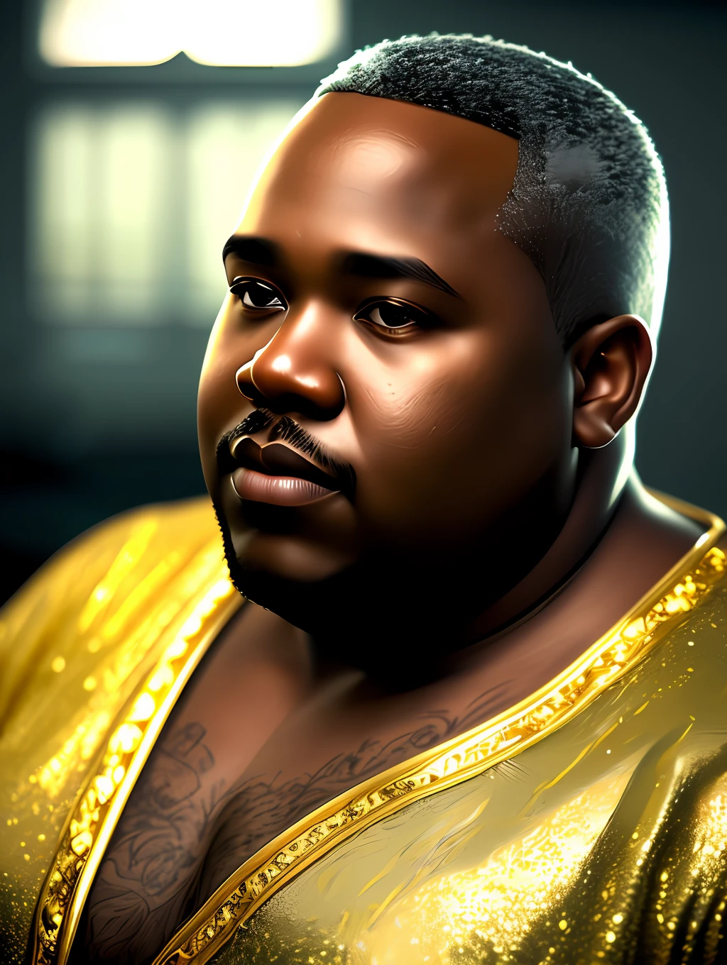 (masterpiece) An insanely detailed photo of an extremely handsome and sensual overweight senior black man made out of gold, skin interely covered by liquid gold, with golden eyes, in the style of bio art, raw metallicity, black and white mastery, golden African influence, pure color, close-up, overweight senior man , stock photo, masterpiece, best quality, high quality, extremely detailed cg unity wallpaper 8k, scenery, award winning photography, hdr, trending artstation, trending cgsociety, intricate, high detail, cinematic lighting, handsome overweight senior man, humanoid