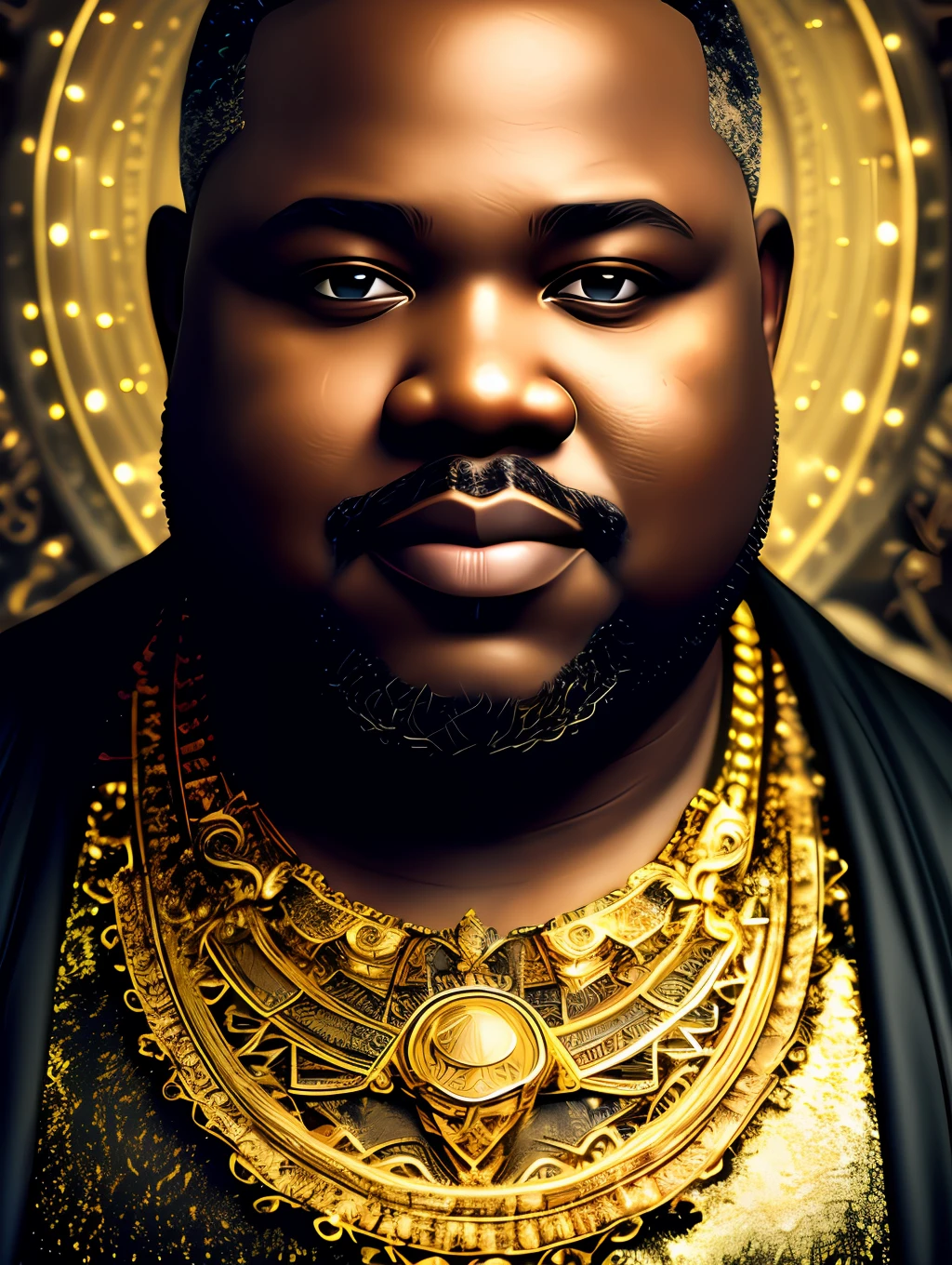 (masterpiece) An insanely detailed photo of an extremely handsome and sensual overweight senior black man made out of gold, skin interely covered by liquid gold, with golden eyes, in the style of bio art, raw metallicity, black and white mastery, golden African influence, pure color, close-up, overweight senior man , stock photo, masterpiece, best quality, high quality, extremely detailed cg unity wallpaper 8k, scenery, award winning photography, hdr, trending artstation, trending cgsociety, intricate, high detail, cinematic lighting, handsome overweight senior man, humanoid