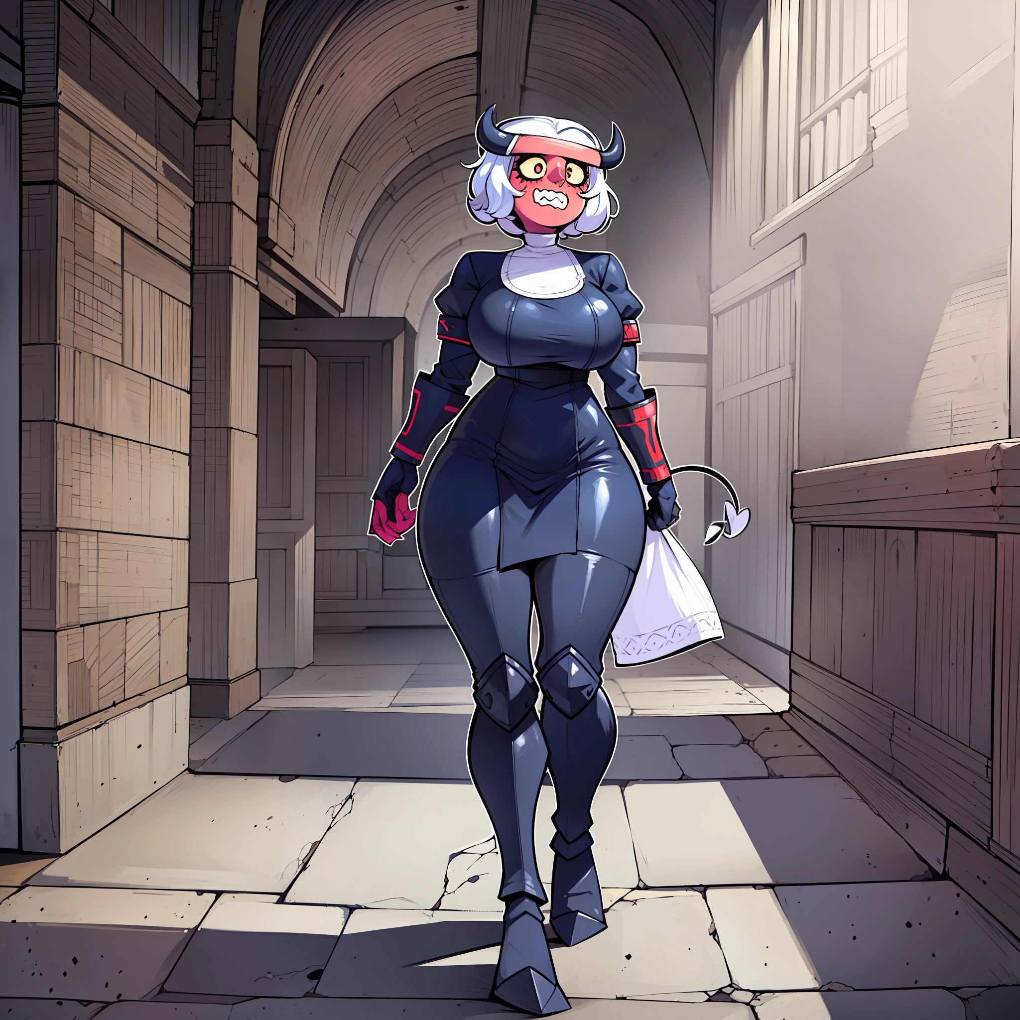 nun, demon girl, walking, bimbo, warpriesstes, silver hair, short hair, holy gauntlets, long skir