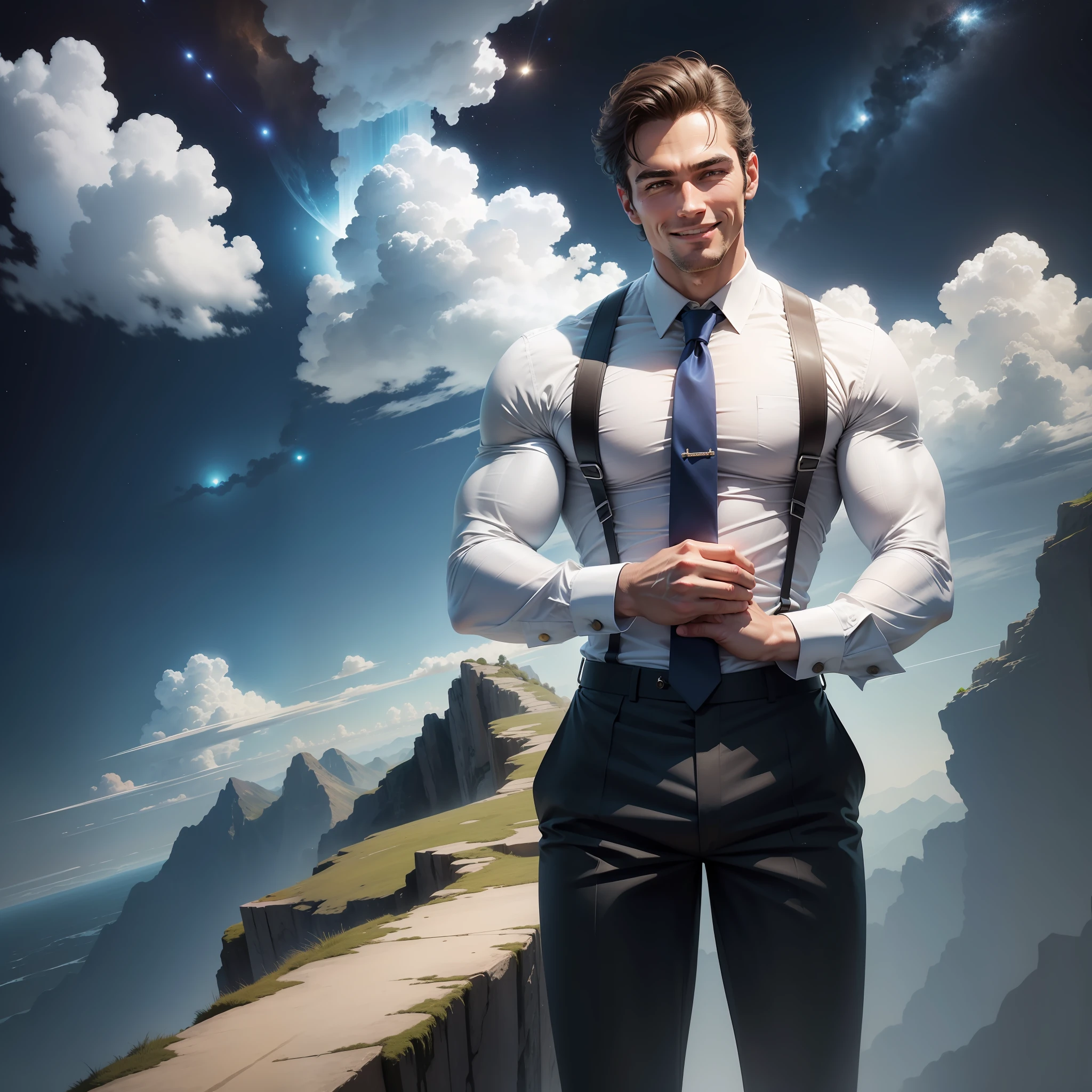 There is a ladder between Earth and space, and on top of a businessman climbing the ladder is a muscular man with part of his suit torn. Smiling