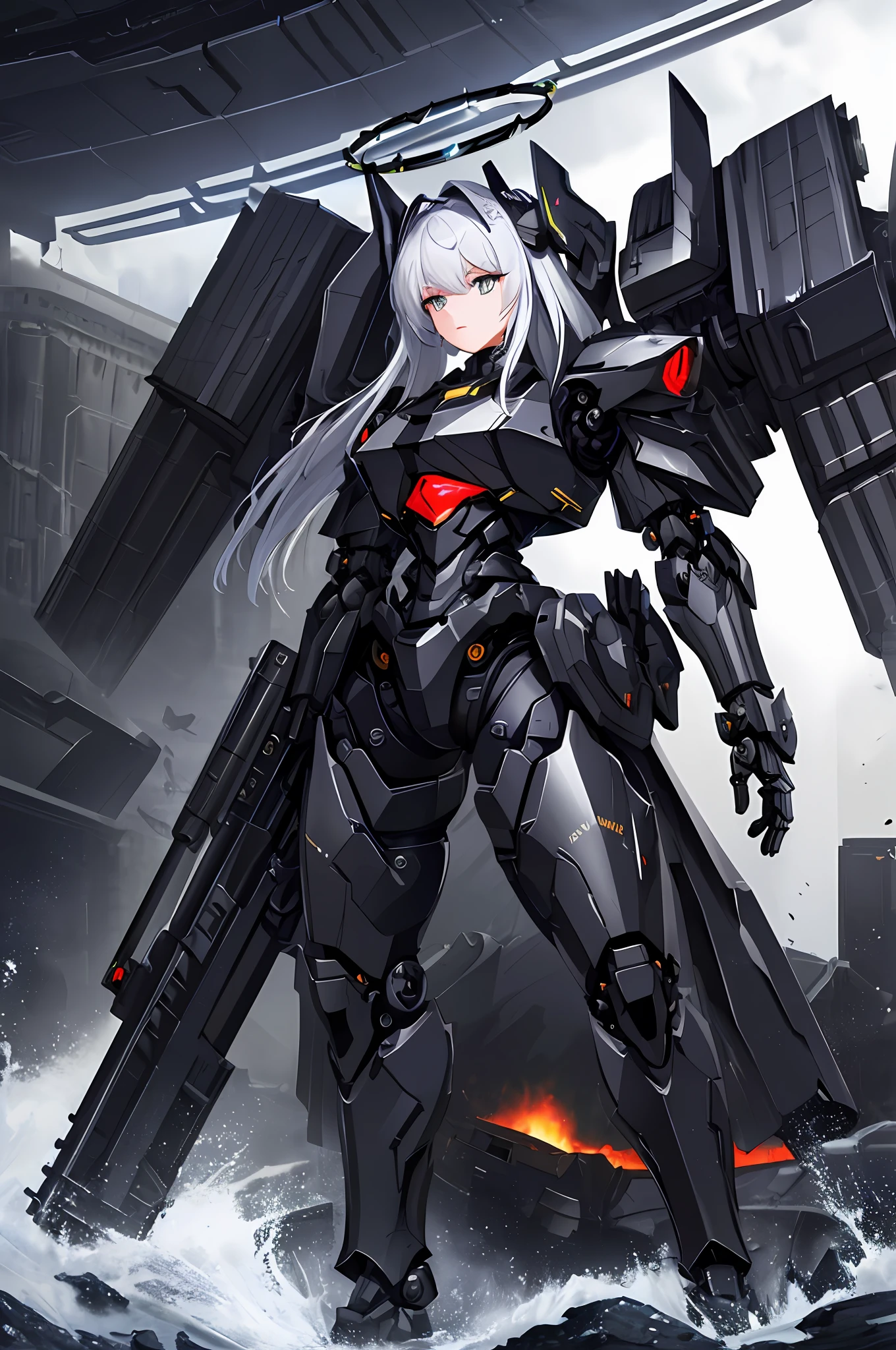 Top quality, masterpiece, highly detailed 8k wallpaper, female robot, mechanical joint limbs, the whole body is covered with heavy mechanical armor, connected cables, tubes connecting the body, long white hair, arm cannons on the arms, huge armor on both shoulders, huge thrusters on the hips, open stance, depiction from knees to head, floating mechanical fortress, (Sharp-angled headgear on both sides of the head:1.2), (Mechanical Giant Black Halo: 1.2), Black Giant Weapon, Black Giant Canon, Black Giant Laser Rifle, Mechanical Nuclear Giant Rifle,