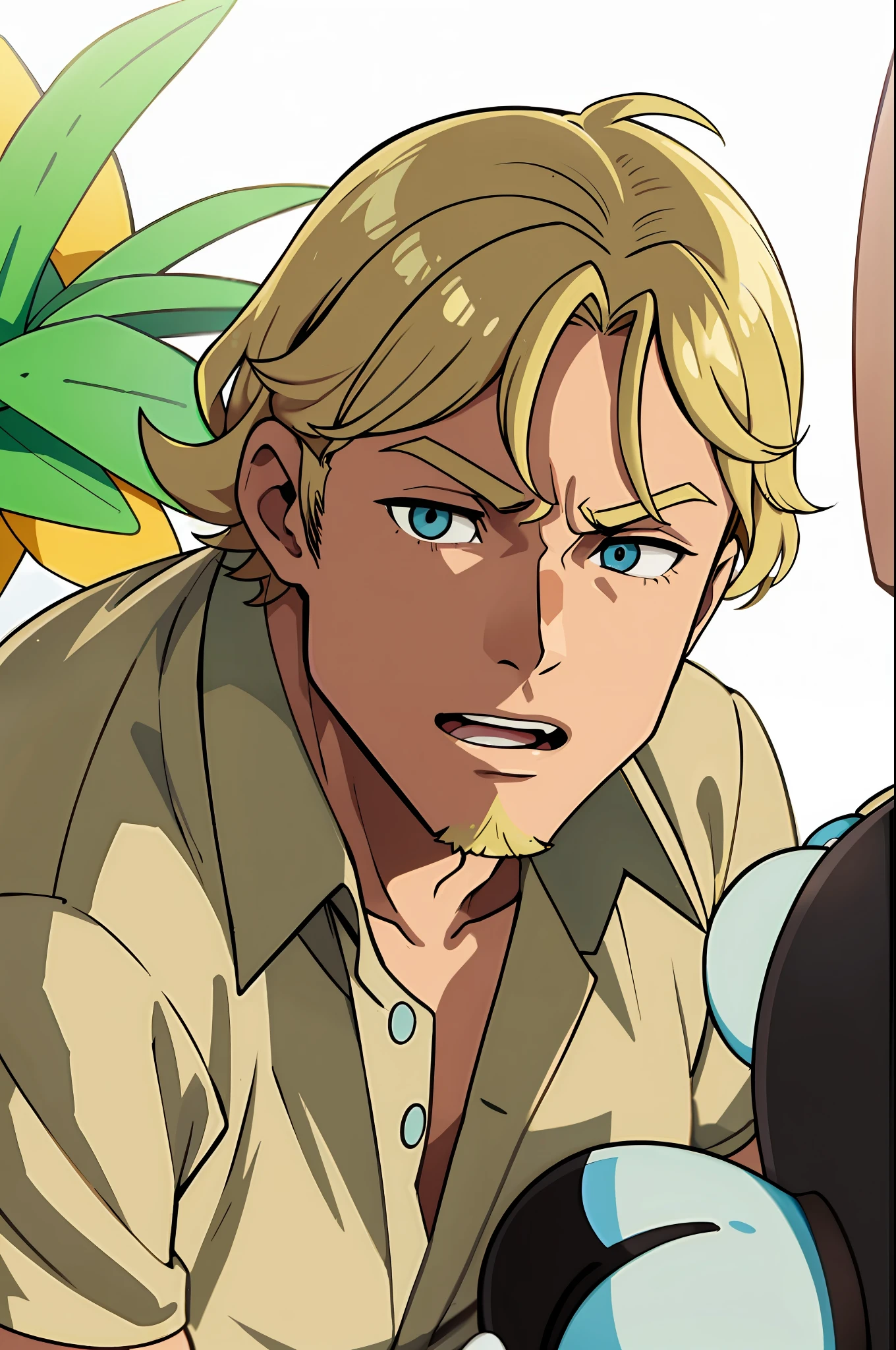 man in a tan shirt looking at viewer, blonde man, steve irwin, pokemon anime style, pokemon, pokemon anime, anime, one man is blond, blonde guy