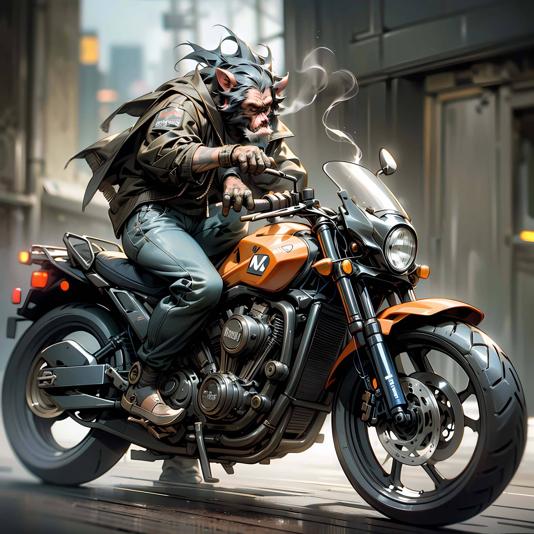 Masterpiece, (Super Detailed), (Animal Anthropomorphism), Gangster Theme, Chimpanzee, Jacket, Dim Light Motorcycle Riding, Tattoos, Machine Gun, Smoke, Shadows, Destroyed Cityscape, Highest Quality, Solo Focus, (lean: 1.04), muscular man, full body, intricate., Lee Jeffries Nikon d850 film stock photography 4 camera kodak portra 400 f1.6 lens rich colors hyper realistic realistic texture dramatic lighting unreal engine trends on artstation cinestill 800 (vignette: 1.3), Filmgrain