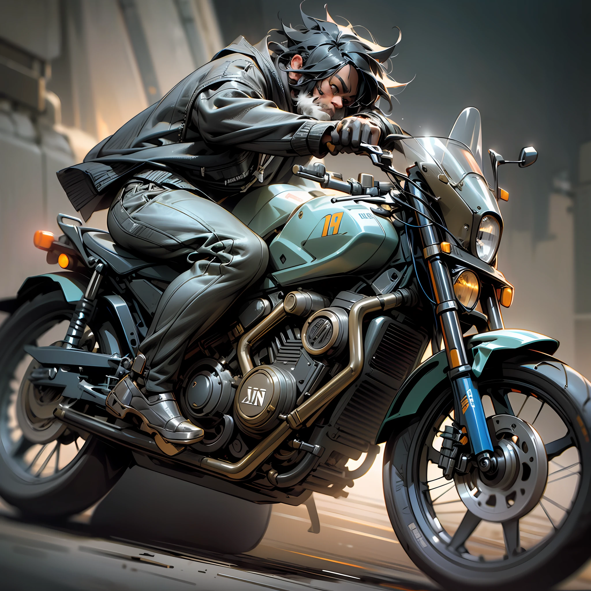 Masterpiece, (Super Detailed), (Animal Anthropomorphism), Gangster Theme, Chimpanzee, Jacket, Dim Light Motorcycle Riding, Tattoos, Machine Gun, Smoke, Shadows, Destroyed Cityscape, Highest Quality, Solo Focus, (lean: 1.04), muscular man, full body, intricate., Lee Jeffries Nikon d850 film stock photography 4 camera kodak portra 400 f1.6 lens rich colors hyper realistic realistic texture dramatic lighting unreal engine trends on artstation cinestill 800 (vignette: 1.3), Filmgrain