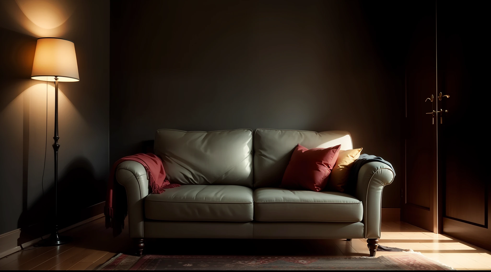 a sofa in a dark room with low light