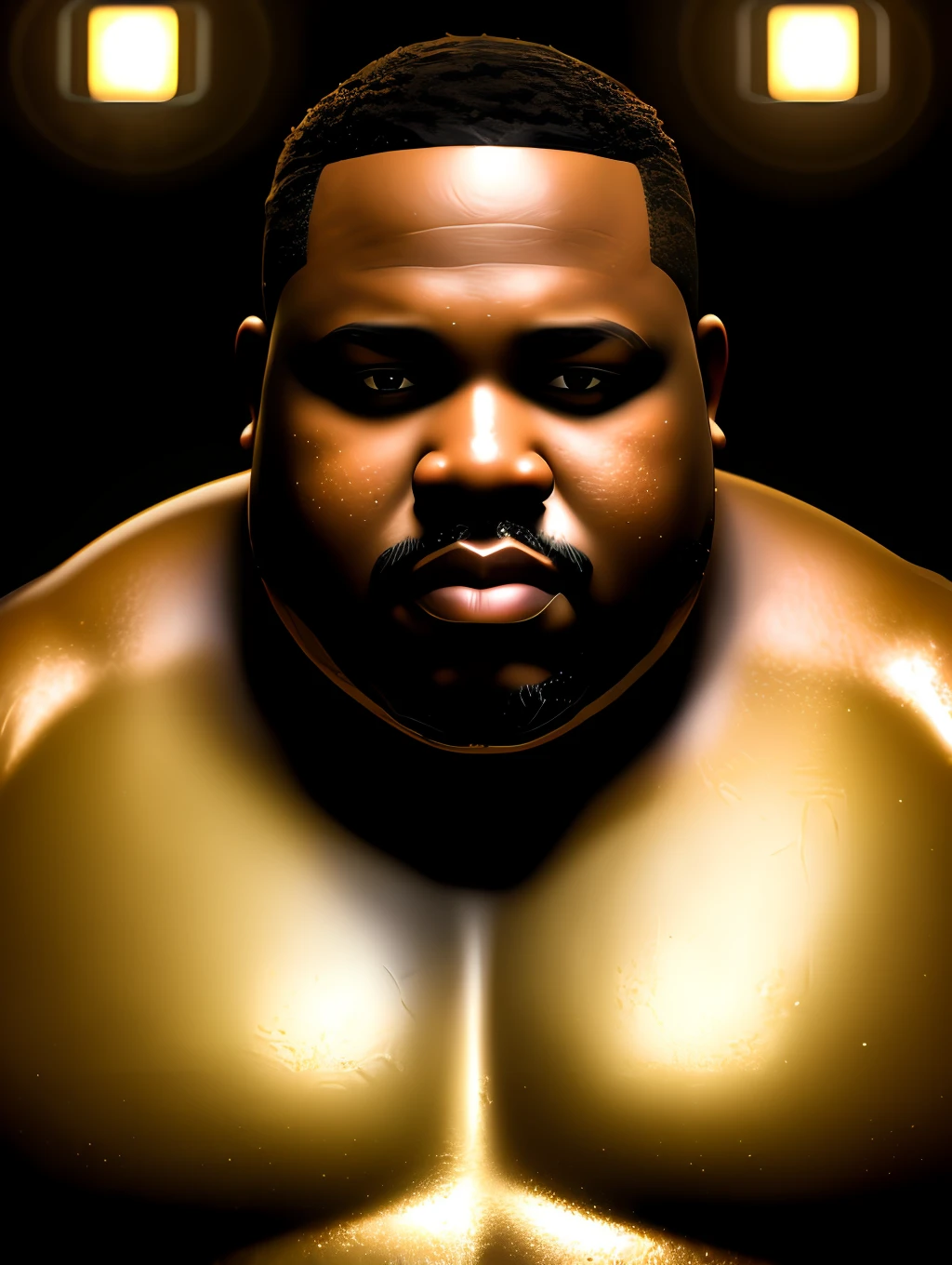 (masterpiece) An insanely detailed photo of an extremely handsome and sensual overweight senior black man made out of pure gold, skin interely covered by pure liquid gold, with golden eyes, in the style of bio art, raw metallicity, black and white mastery, golden African influence, pure color, close-up, overweight senior man , stock photo, masterpiece, best quality, high quality, extremely detailed cg unity wallpaper 8k, scenery, award winning photography, hdr, trending artstation, trending cgsociety, intricate, high detail, cinematic lighting, handsome overweight senior man, humanoid