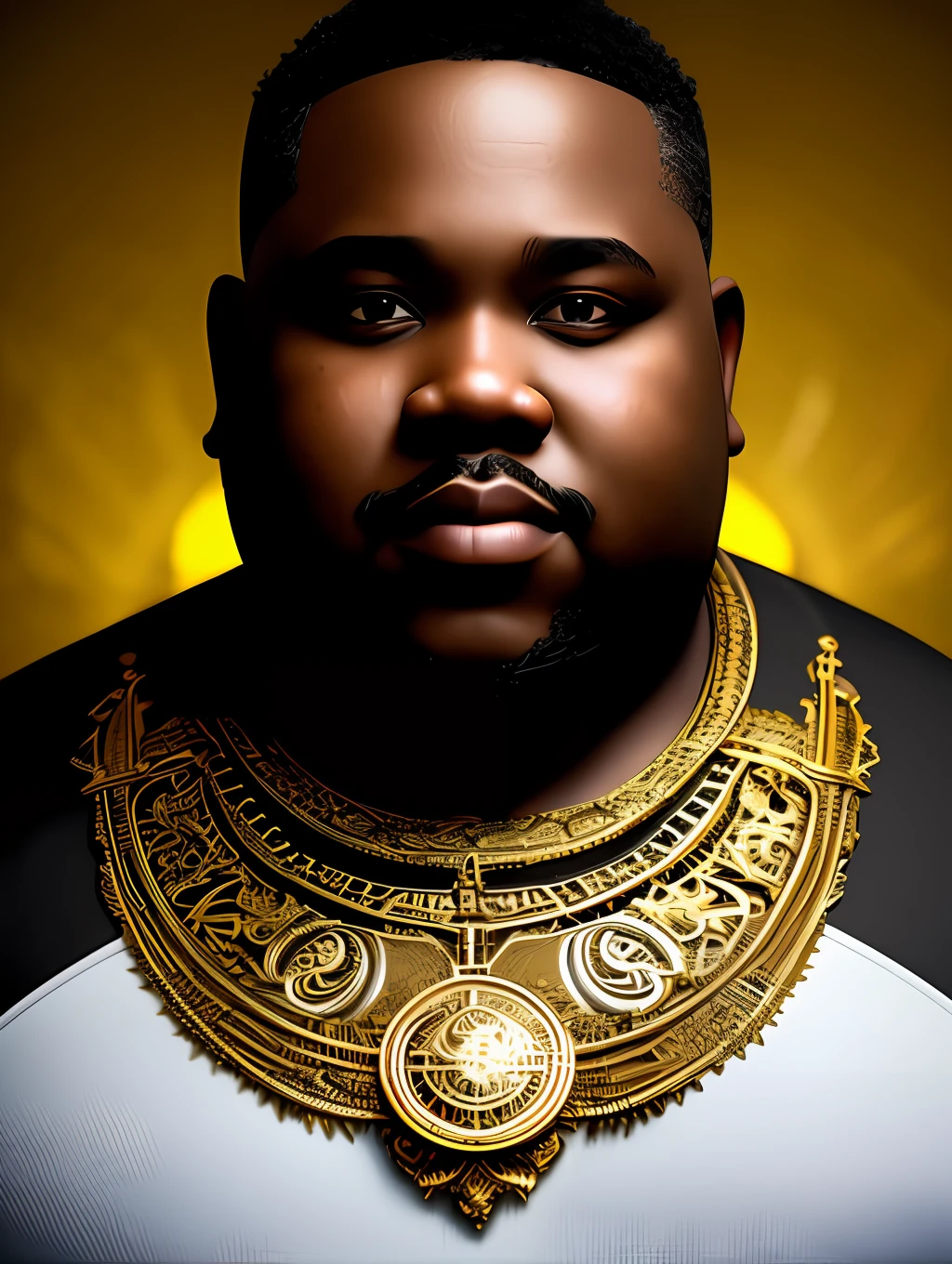 (masterpiece) An insanely detailed photo of an extremely handsome and sensual overweight senior black man made out of pure gold, skin interely covered by pure liquid gold, with golden eyes, in the style of bio art, raw metallicity, black and white mastery, golden African influence, pure color, close-up, overweight senior man , stock photo, masterpiece, best quality, high quality, extremely detailed cg unity wallpaper 8k, scenery, award winning photography, hdr, trending artstation, trending cgsociety, intricate, high detail, cinematic lighting, handsome overweight senior man, humanoid